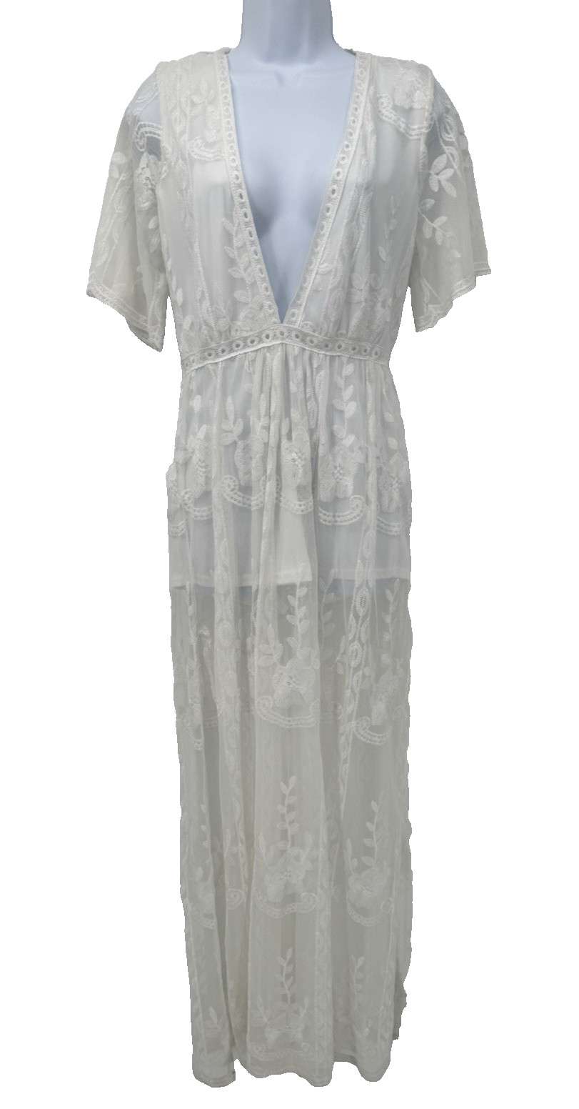 Haute Monde white Lace sheer Maxi Romper Dress festival fairy cottage Boho M