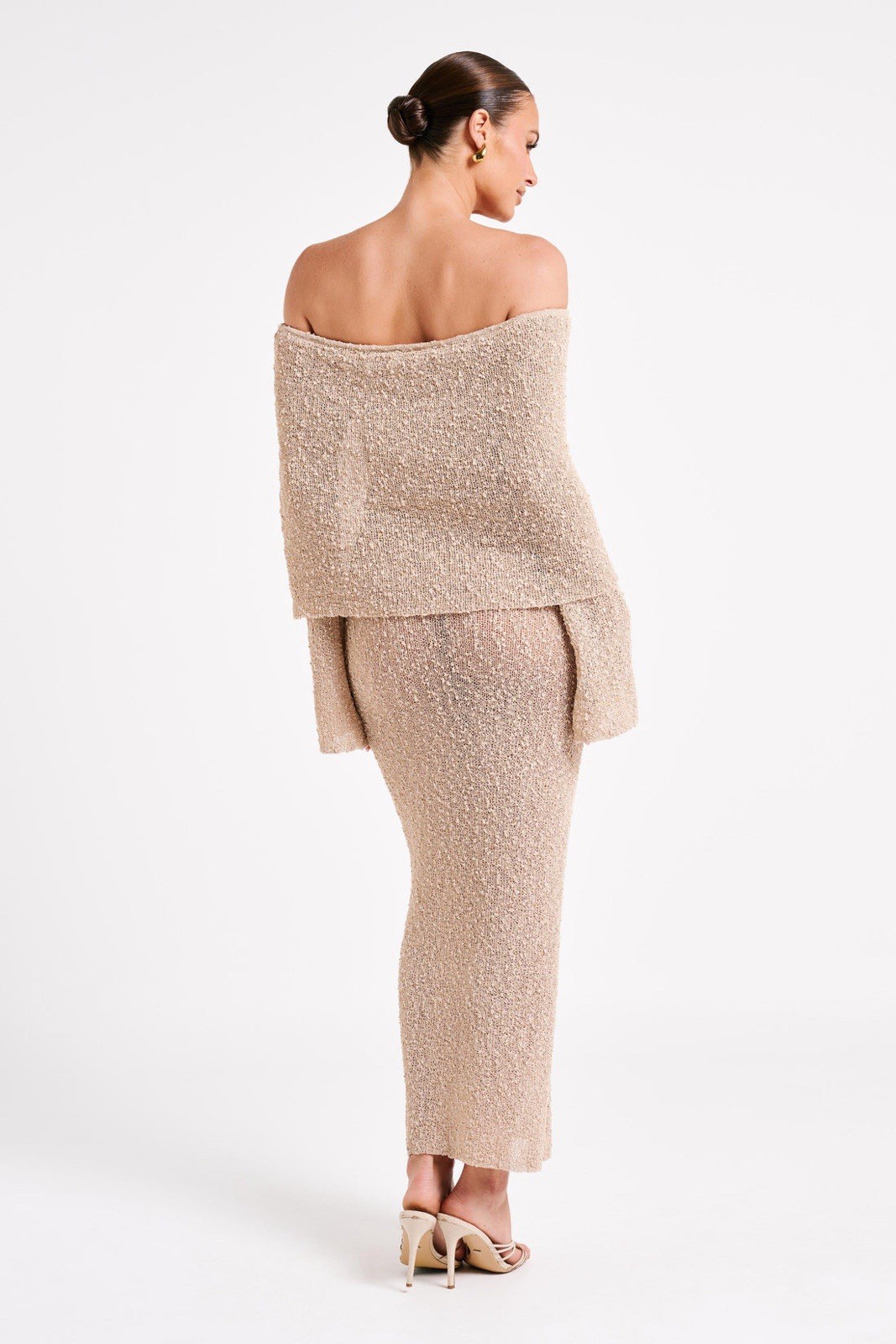 Meshki Marisol Off Shoulder Boucle Maxi Dress – Wheat Size XL