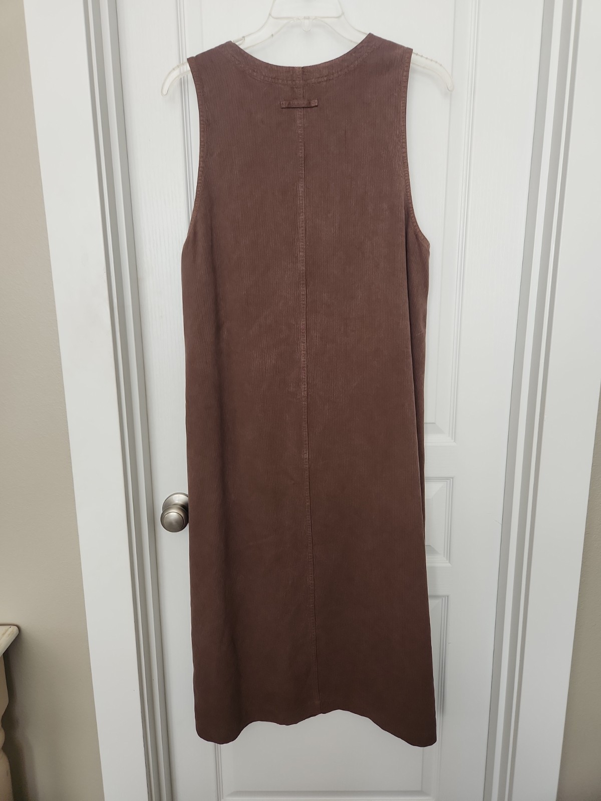 Vtg AKS Amy K Su Womens Large Pinafore Jumper Dress Pockets Fine Corduroy Brown