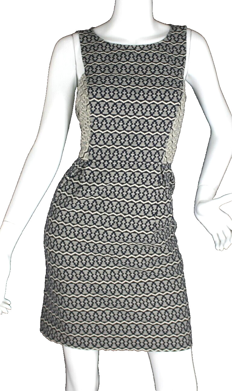 {ANN TAYLOR LOFT} Dress Sz. M Sheath Beige/Blue Pattern Pleated Cotton Summer