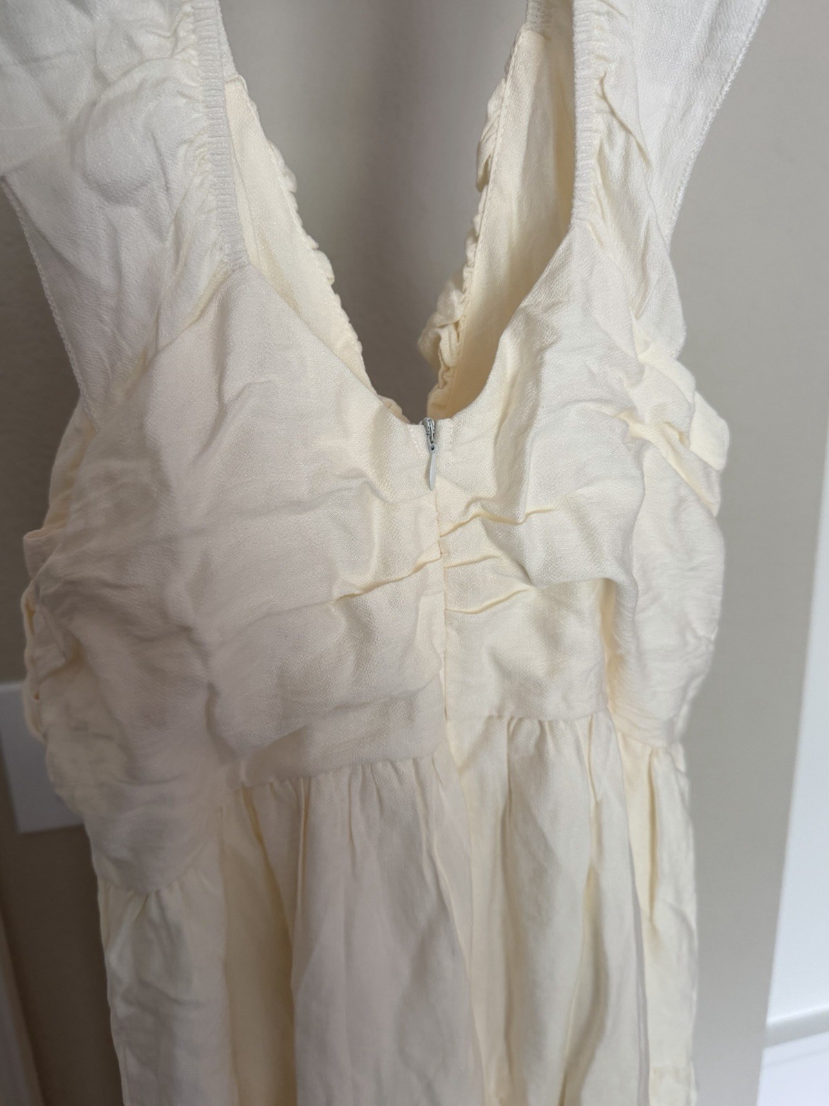 Cream Solid V-Neck Sleeveless Tiered Ruffle Maxi Dress Back Zip Womens M