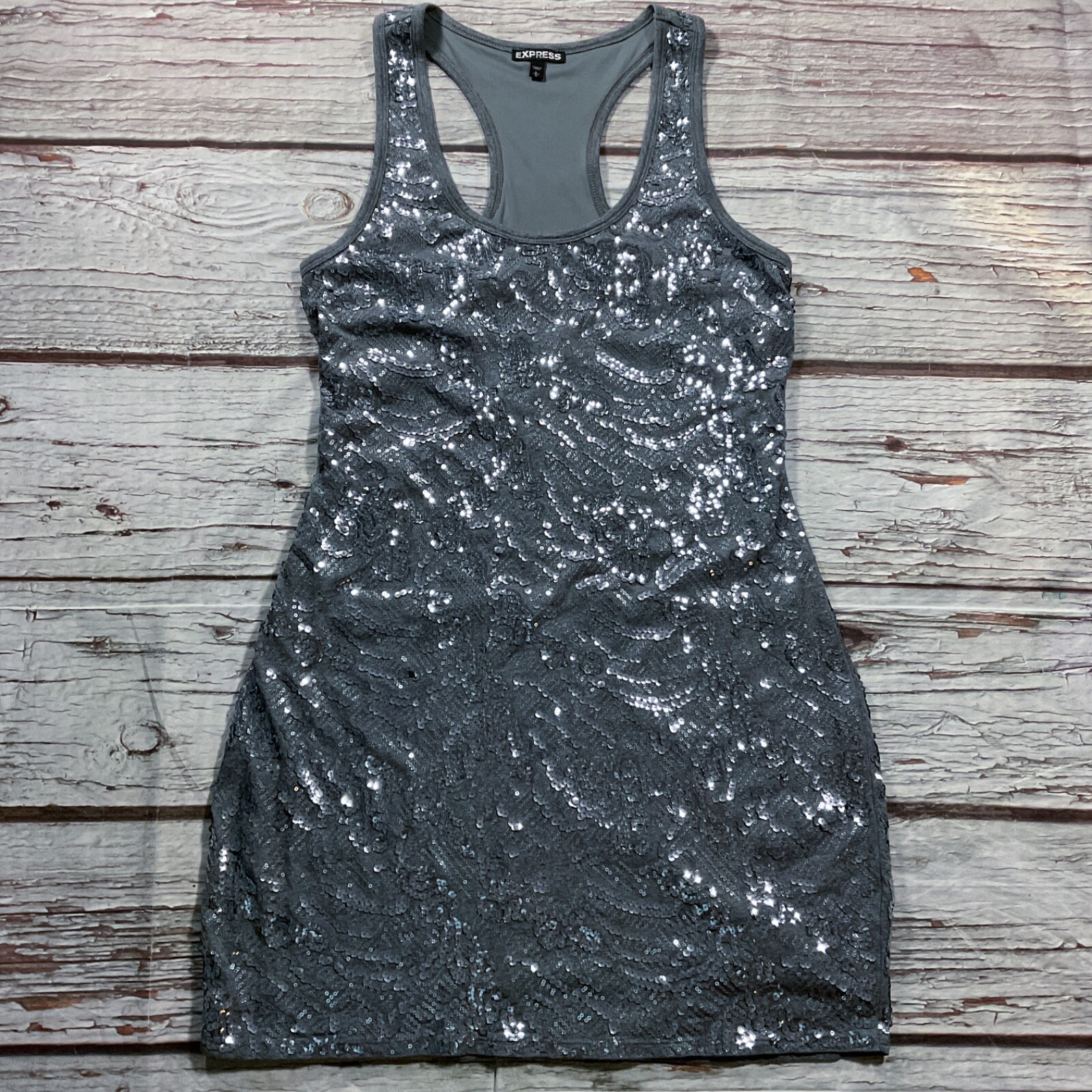 Express Womens Dress size Large Gray Sequin Racerback Pullover Fully Lined Short