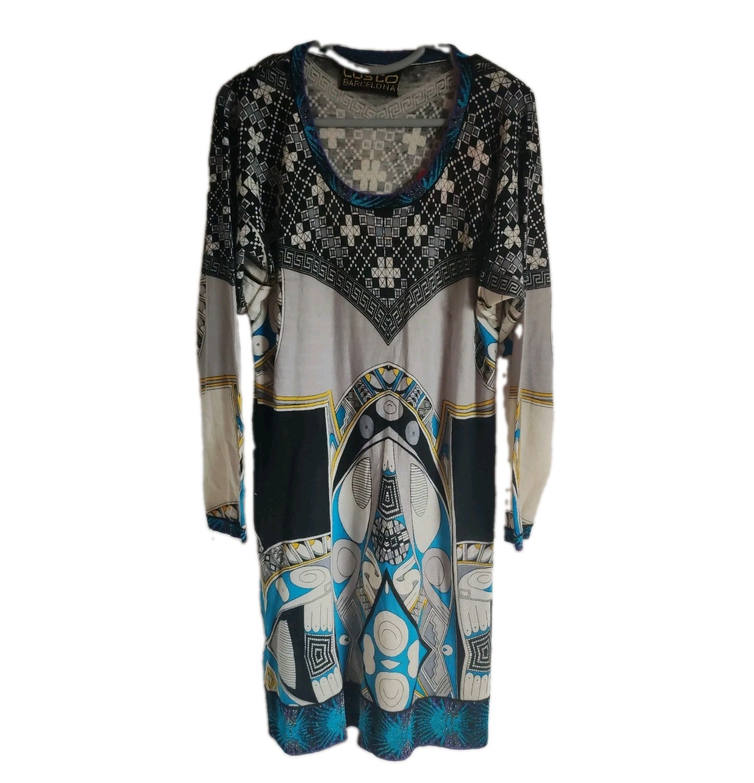 Custo Barcelona Blue Black Graphic Print Mini Dress Tunic Size XL STAIN