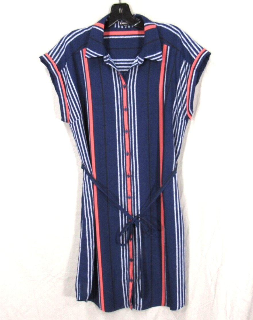 EXPRESS Blue/Coral STRIPED Crepe TIE BELT Cuffed Sleeve BUTTON-UP Shirt Dress L