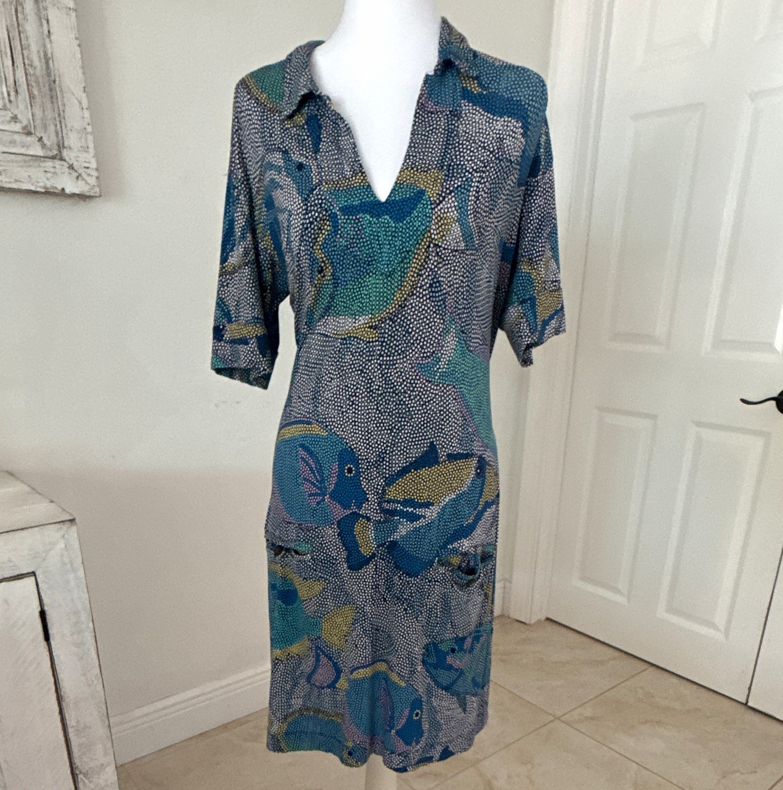 Tori Richard Blue Green Yellow White Abstract V-Neck 3/4 Shift Dress L