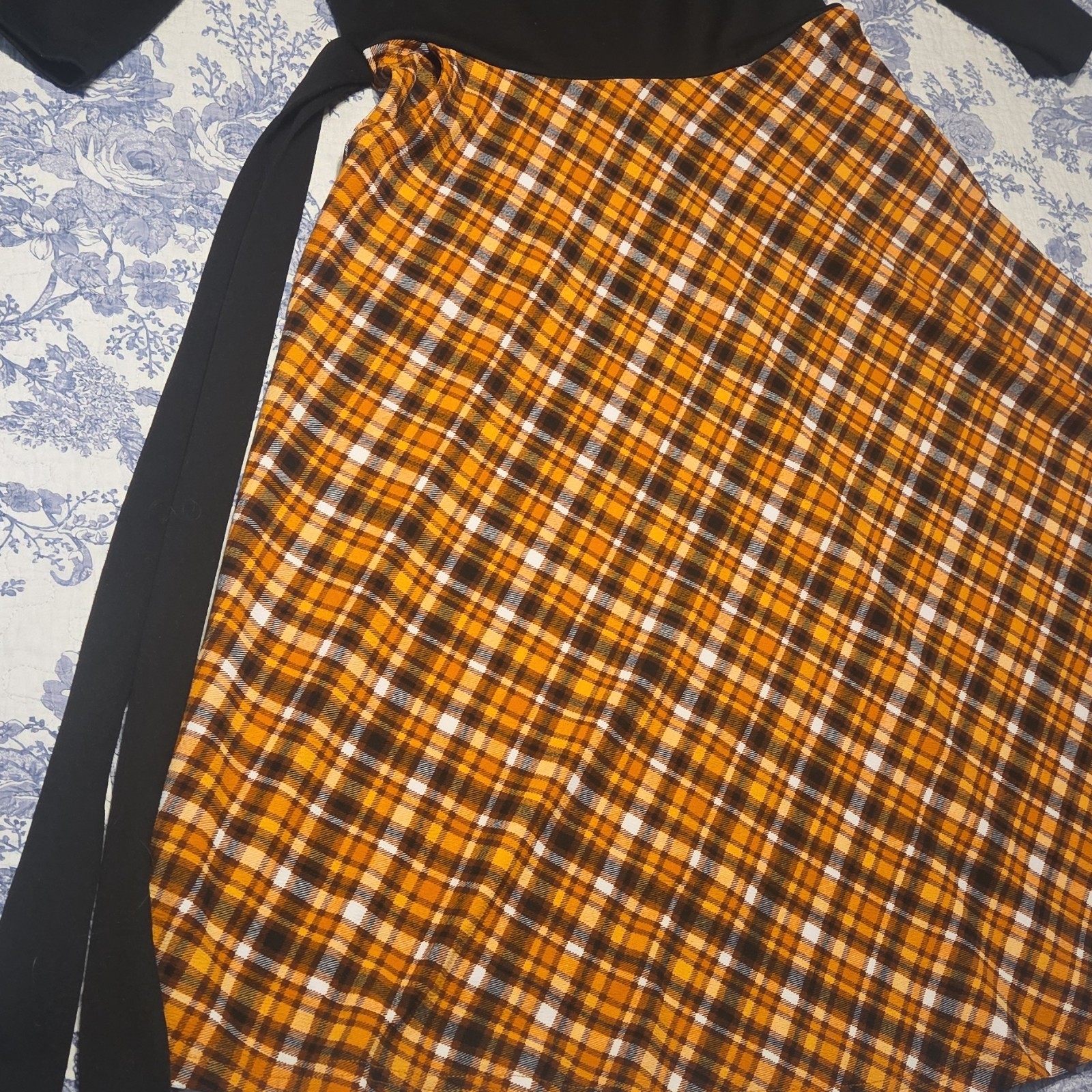 Vfshow Plaid Long Wrap Dress Tie Black Orange Yellow White Size L