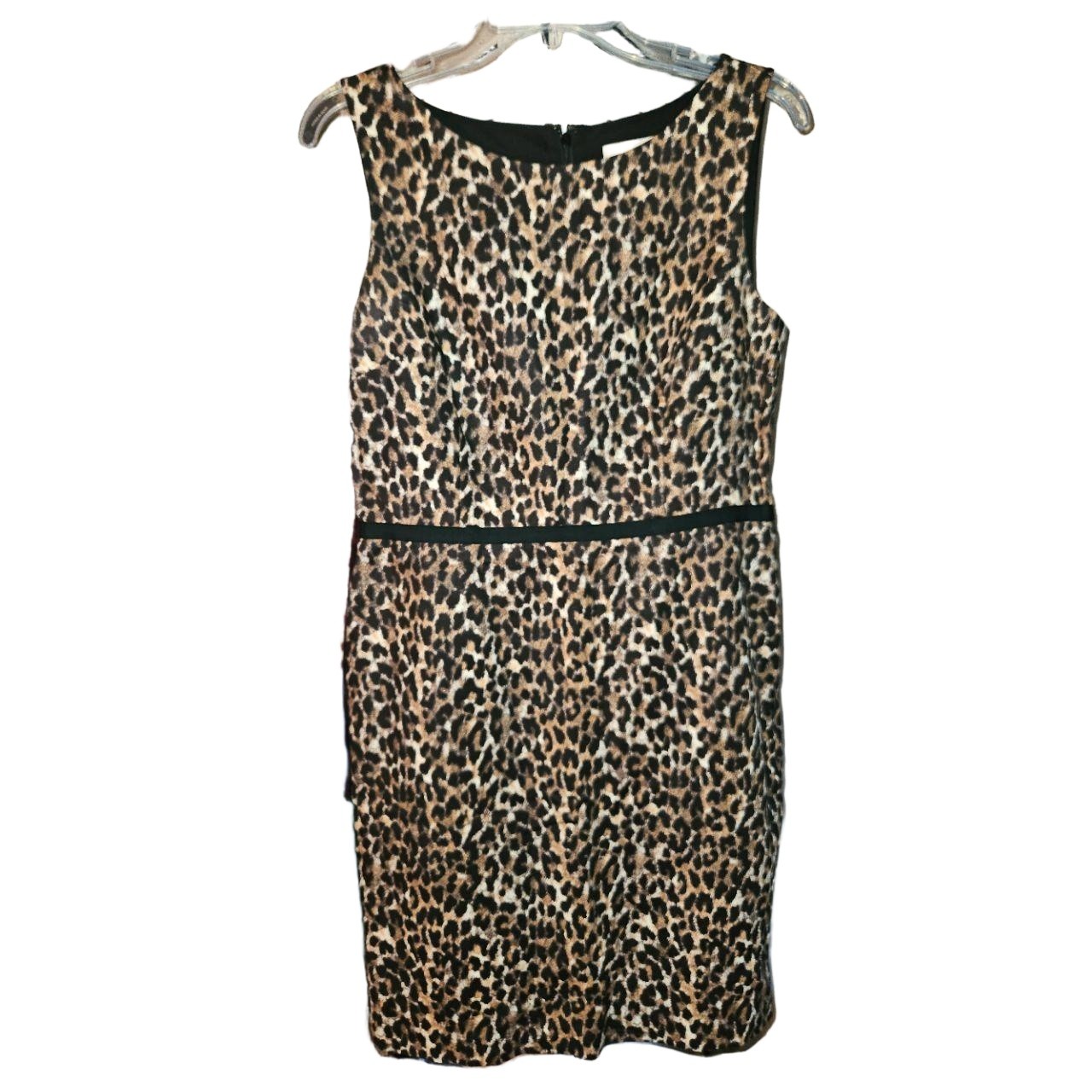 ANN TAYLOR LOFT Womens 10P Leopard Print Sleeveless Dress Black Trim Kick Pleat