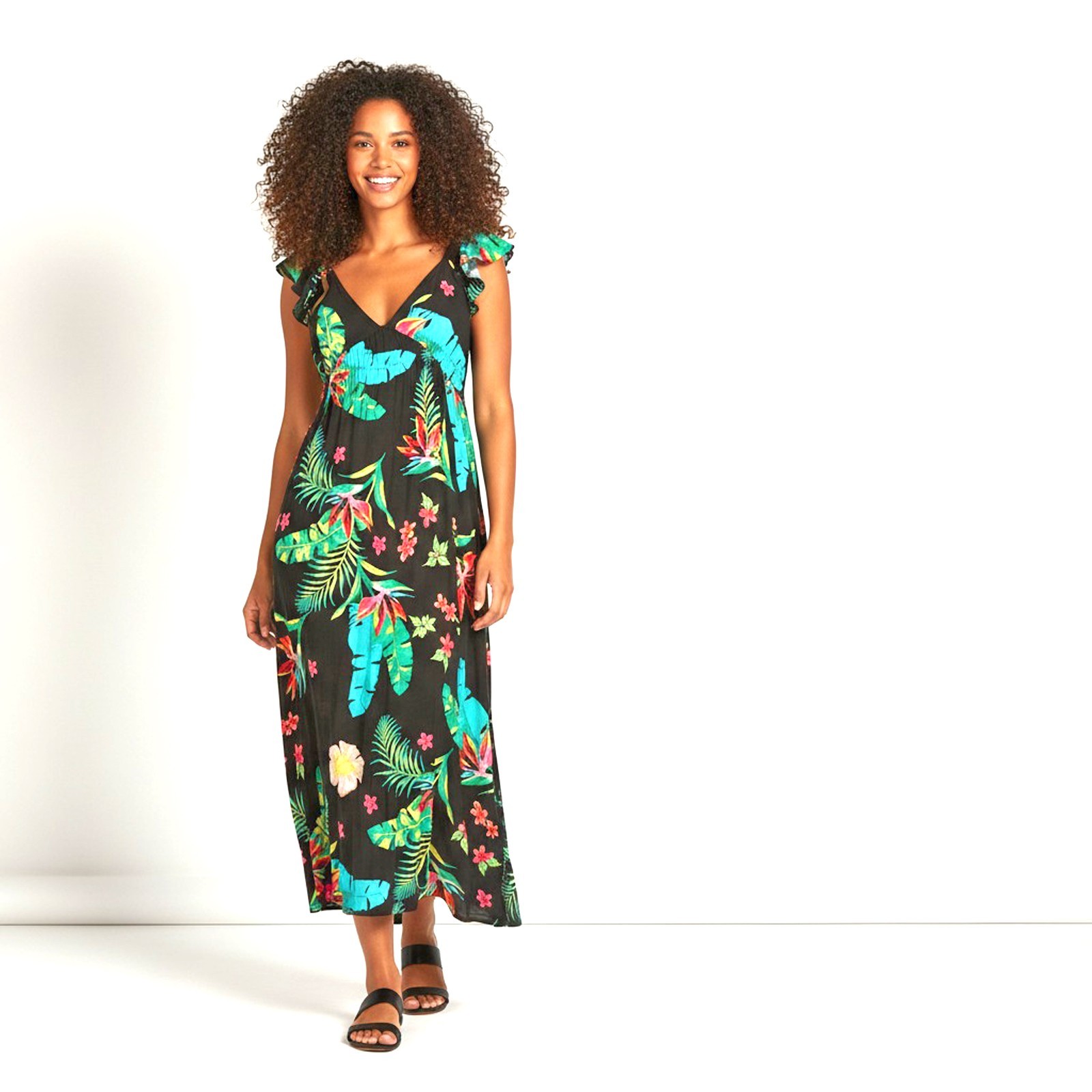 Olivaceous Women’s V Neck Midi Dress Ruffled Straps Pockets Tropical