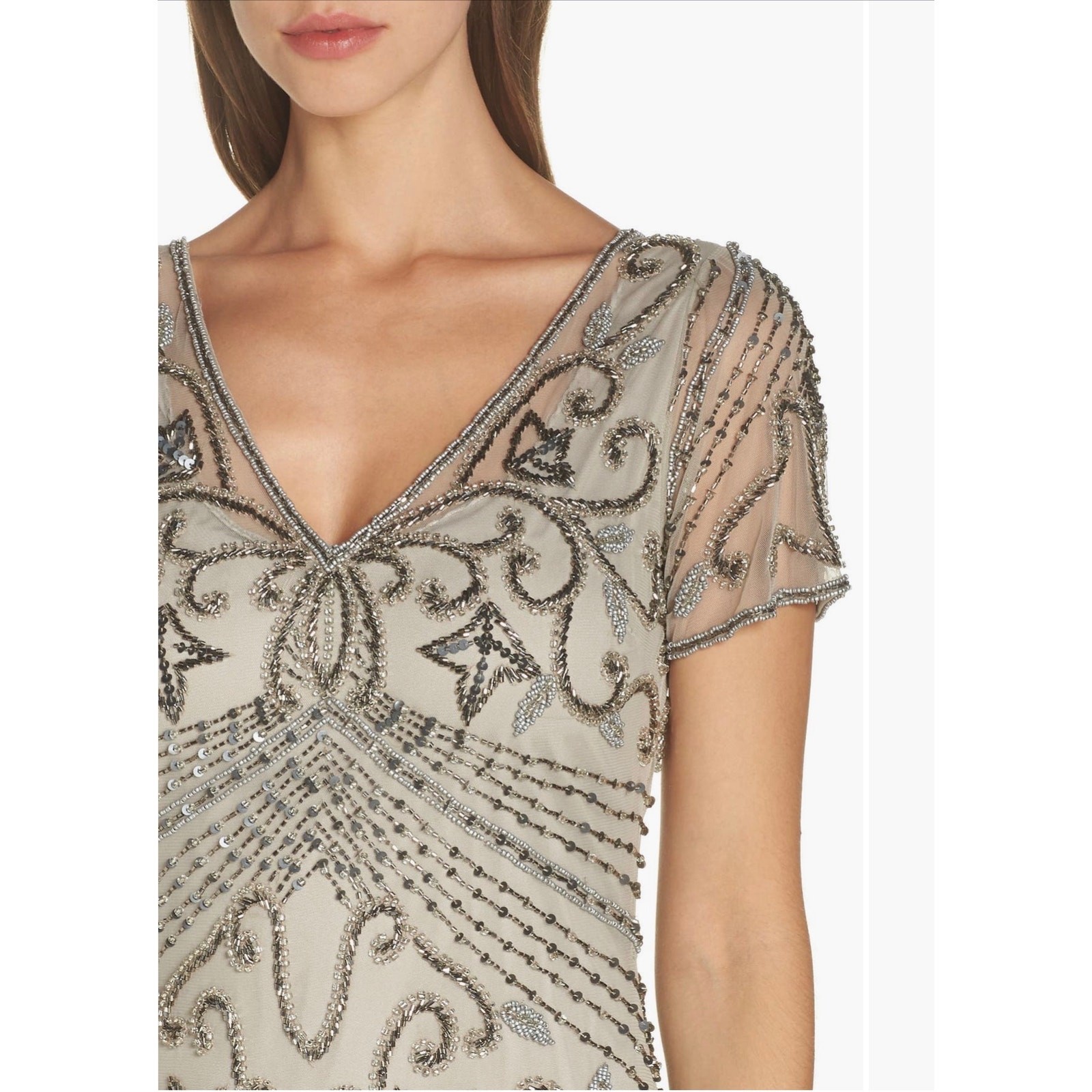 Pisarro Nights Beaded Mesh Column Gown in Oyster. Size 2. NWOT