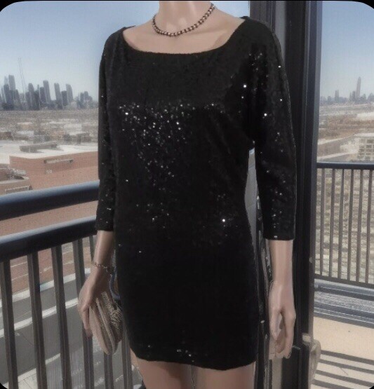 Black Sequin Dress (SIZE TAG MISSING) Bust 32in Length 30in Boat Neck 3/4 Sleeve