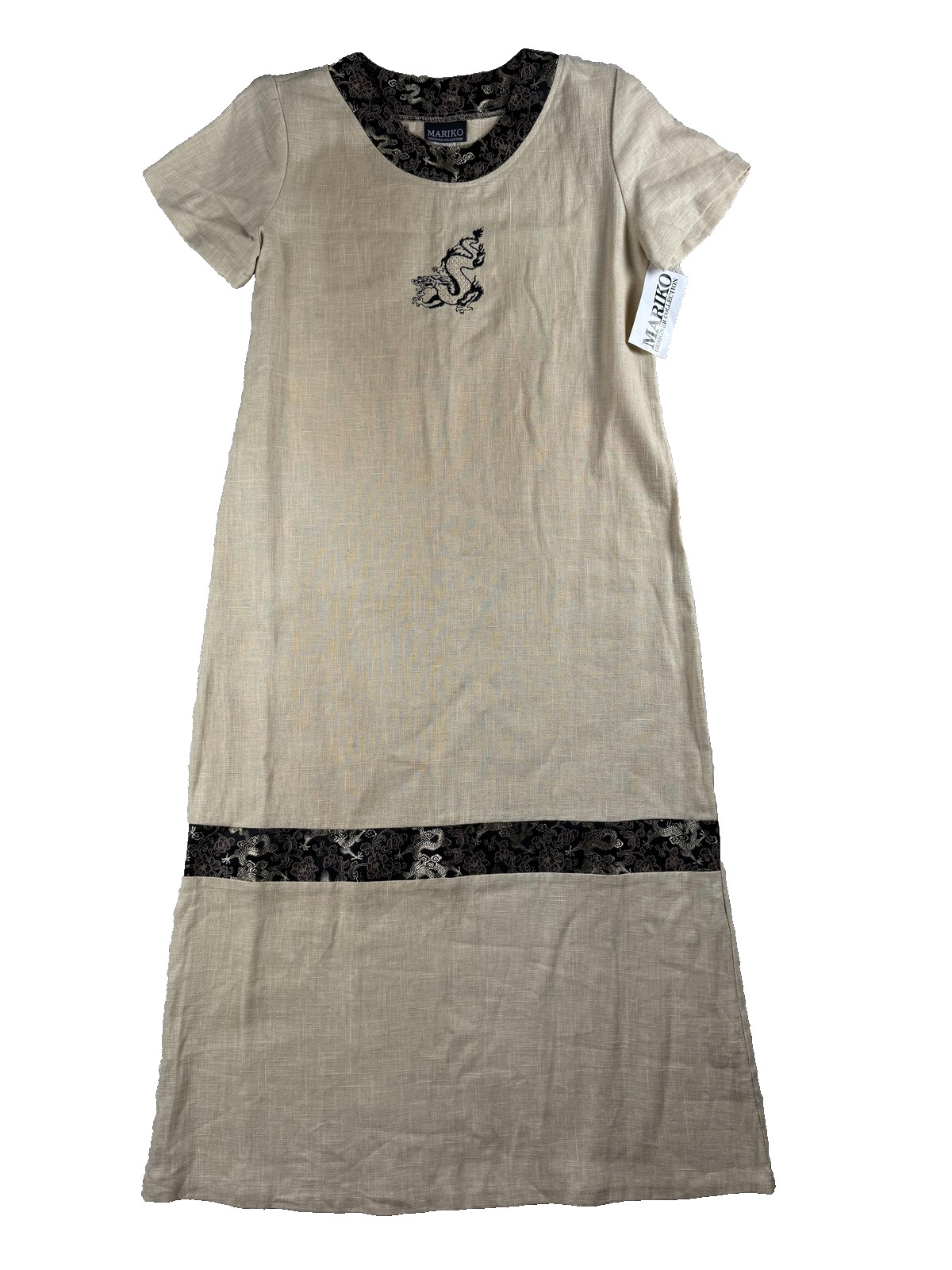 Mariko Dress Womens Medium Beige Black Dragon Linen Maxi Dynasty Collection USA