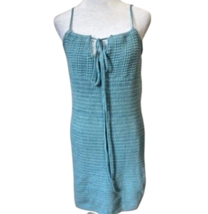 NWT! Olive & Oak Crochet Marled Turquoise Tie Front Knit Mini Dress