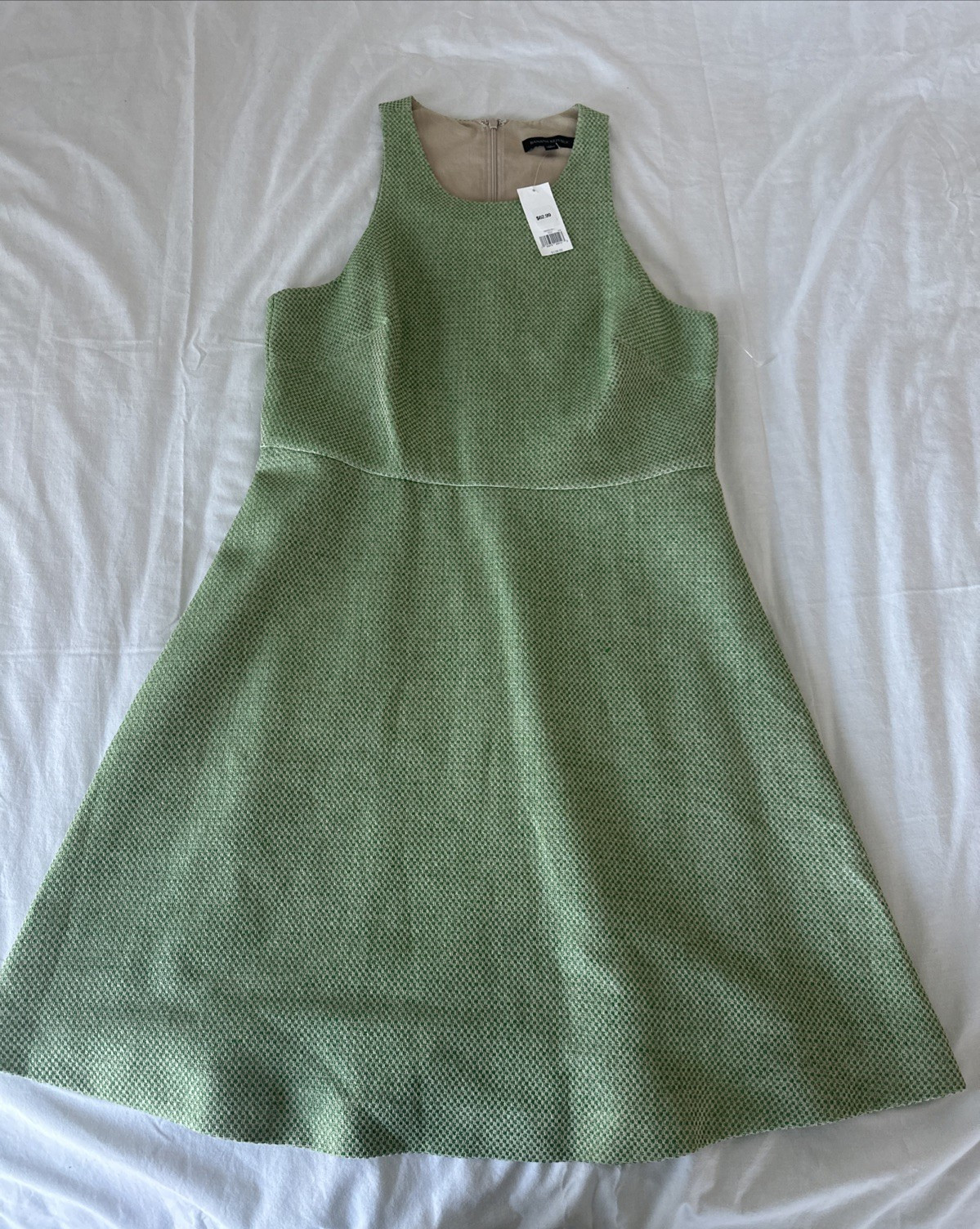 Banana Republic Green & Beige Gingham Tweed Sleeveless Fit & Flare Dress Sz 12