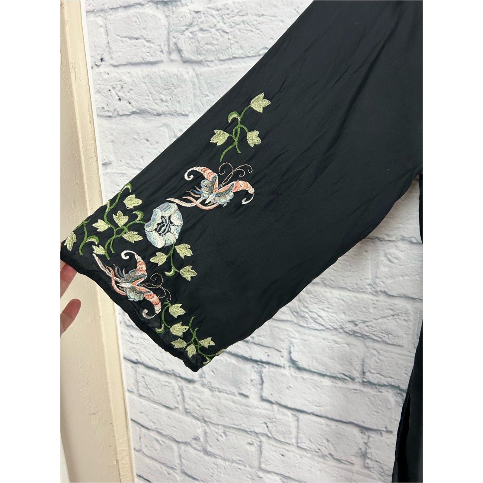 Lucky Brand 100% Silk Embroidered Tunic Dress Black Boho Tie Waist Medium