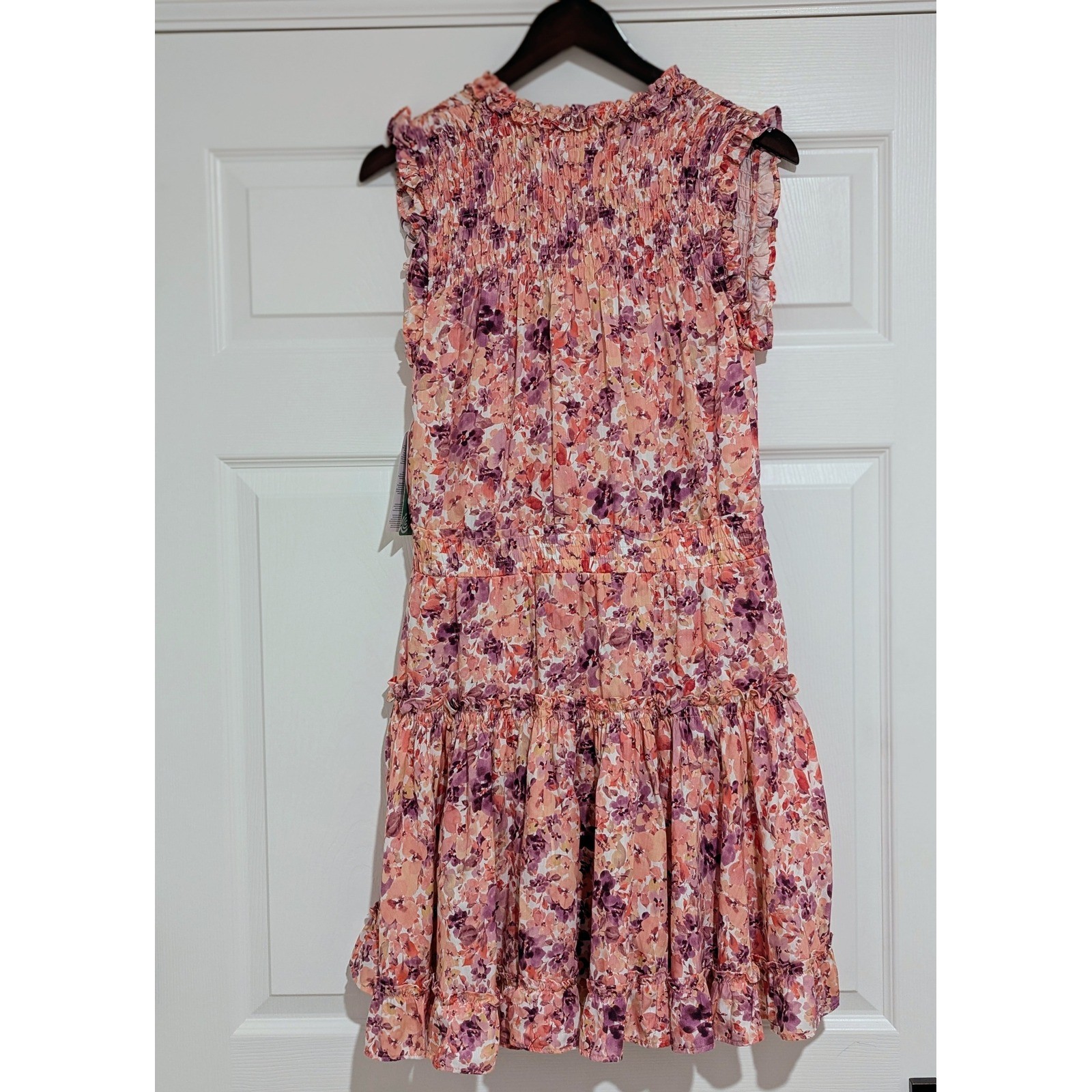 Dear John Floral Tencel Smocked Tiered Mini Dress Pink Purple Floral NWT Size M