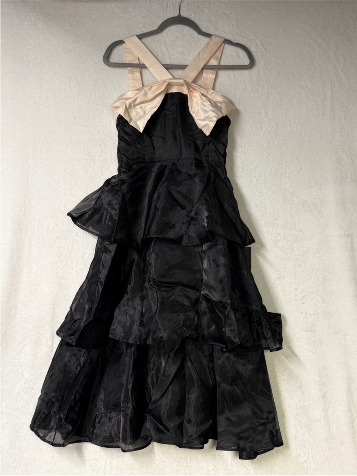 Lulus Black Cream Organza Tiered Midi Dress Satin Bow Formal Prom Gown Sz S NWT