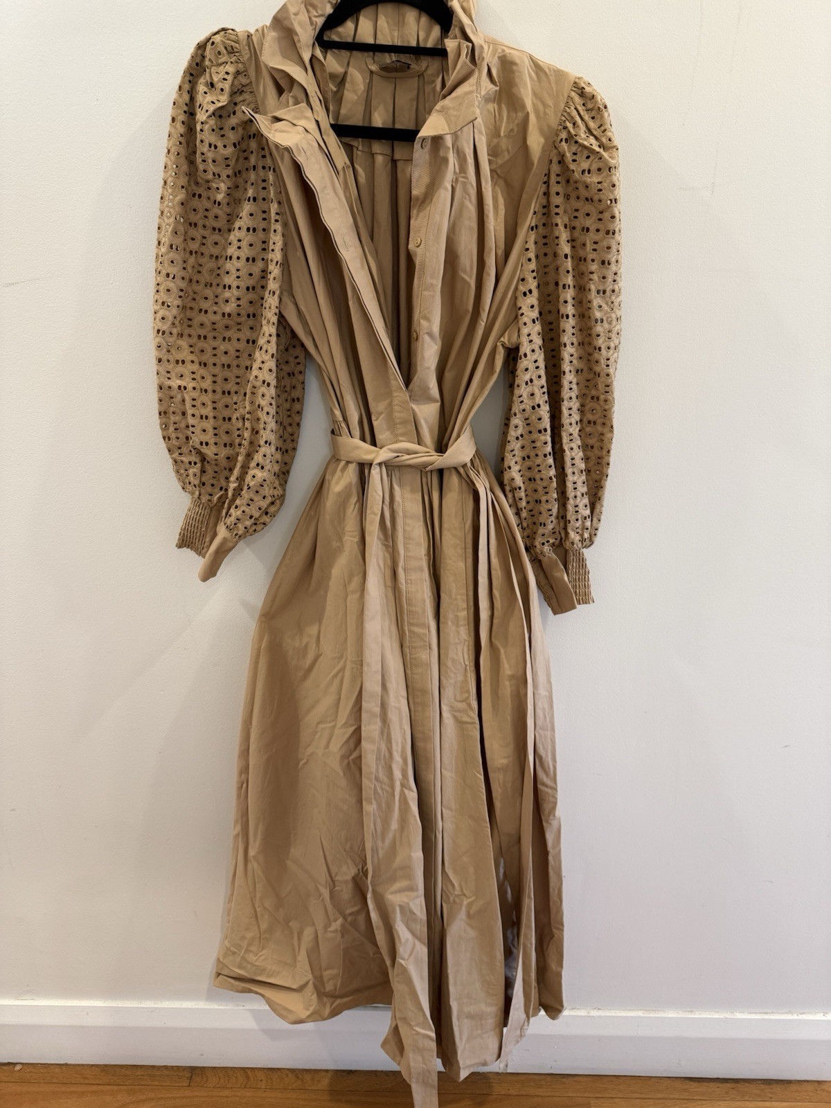 Husk caramel Brown Dress With Puff Eyelet Sleeve, Pleated Neckline And Tie 14