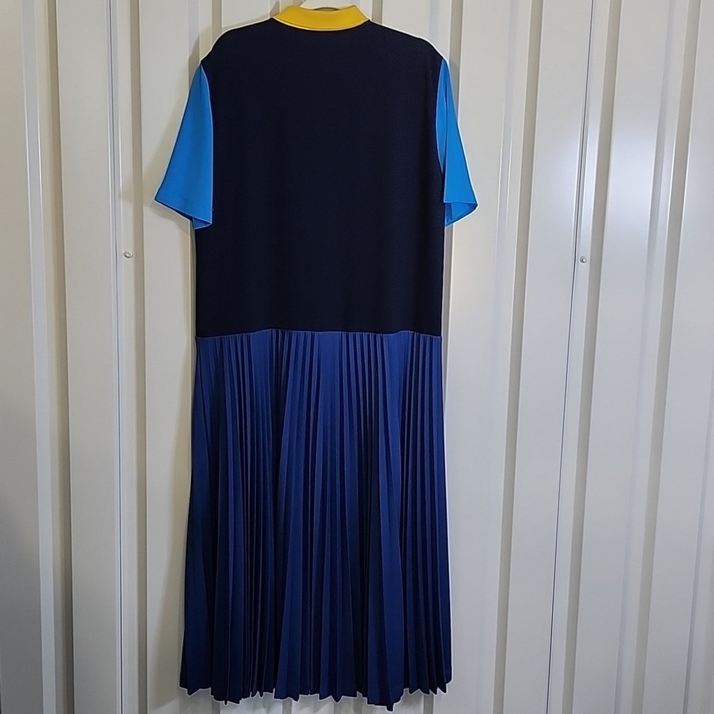 Lacoste Women’s Blue, White, Black Yellow Color Block Pleated Maxi Dress Sz FR42