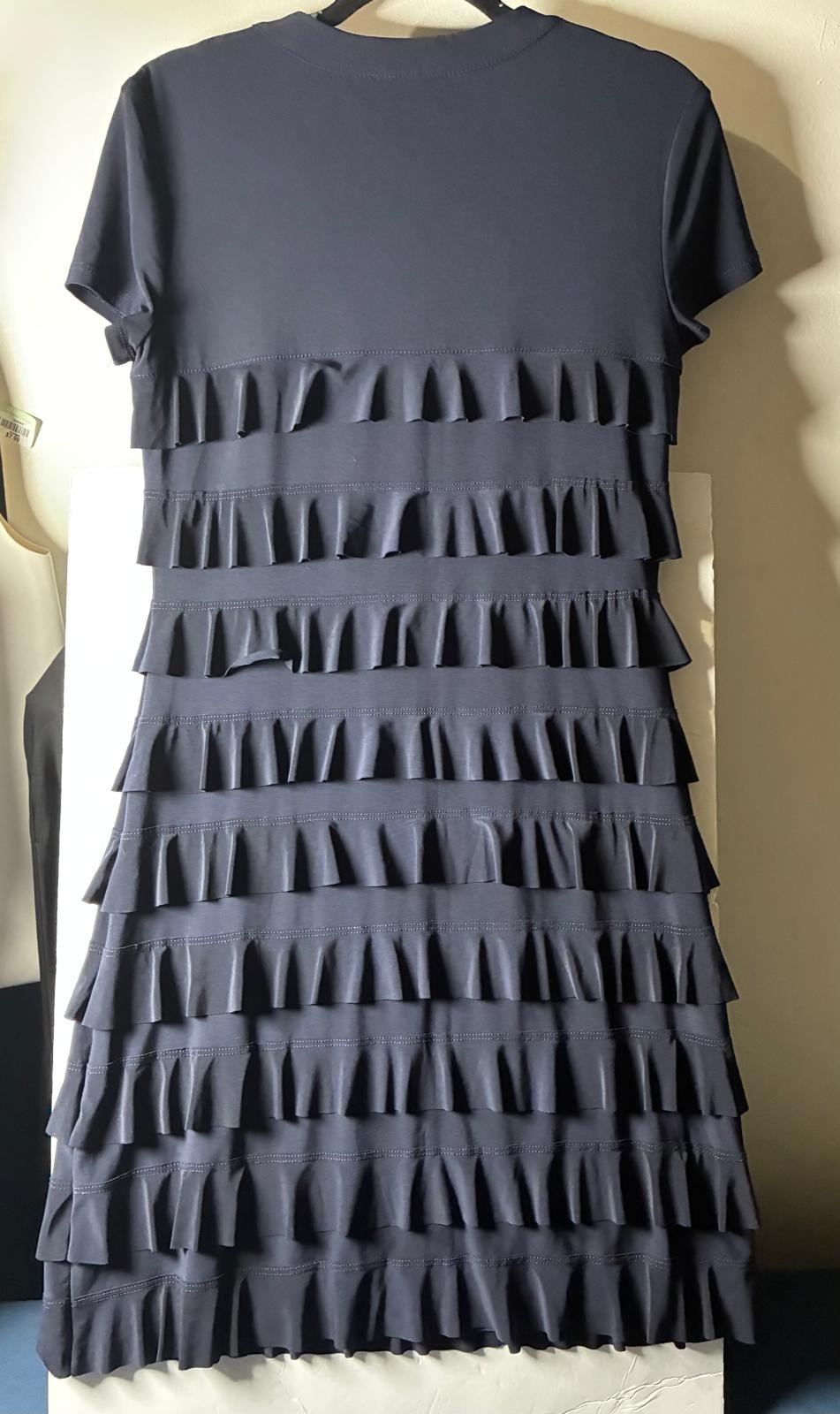 Joseph Ribkoff Blue Solid Shift Dress, Layered Pleated Short Sleeve, 8