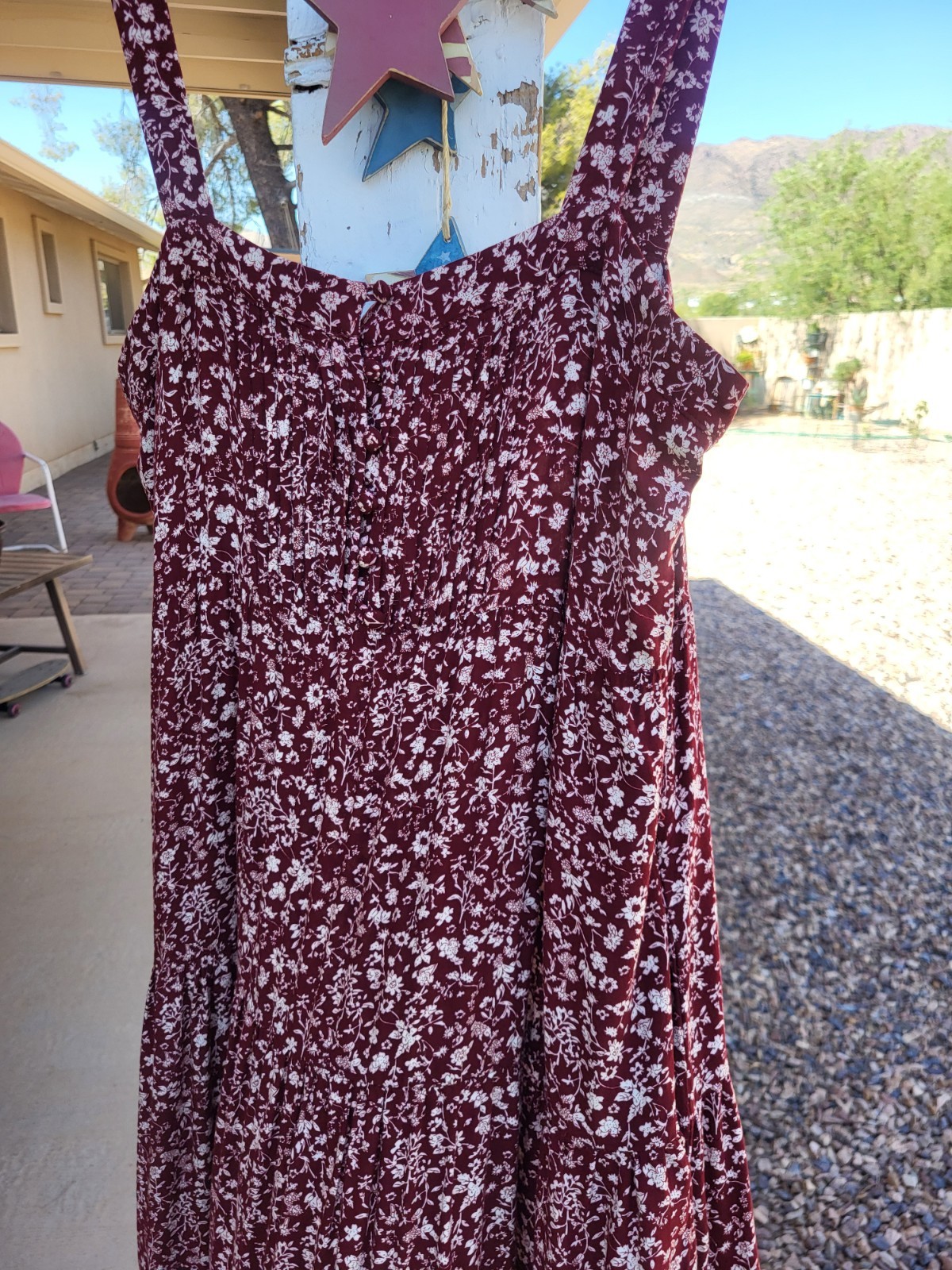 Wishlist Apparel Burgundy Ditsy Floral Smocked Tiered Sundress W/ Pockets. Large