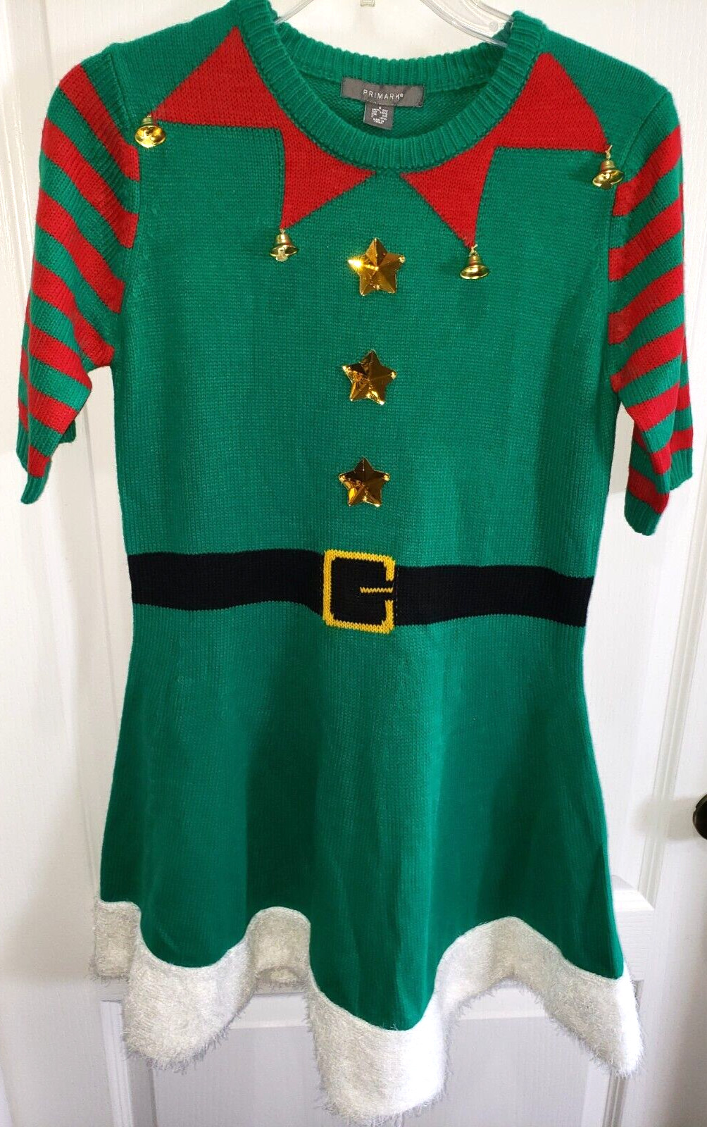 womens NEW NWT GREEN ELF CHRISTMAS DRESS knit size 6/8 bells hat 2 pc stars UGLY