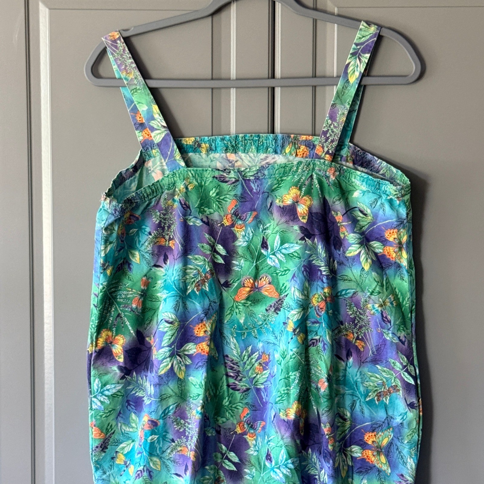 Vintage Whimsy Butterfly Dragonfly Print Drop Waist Sundress, Green Purple,S