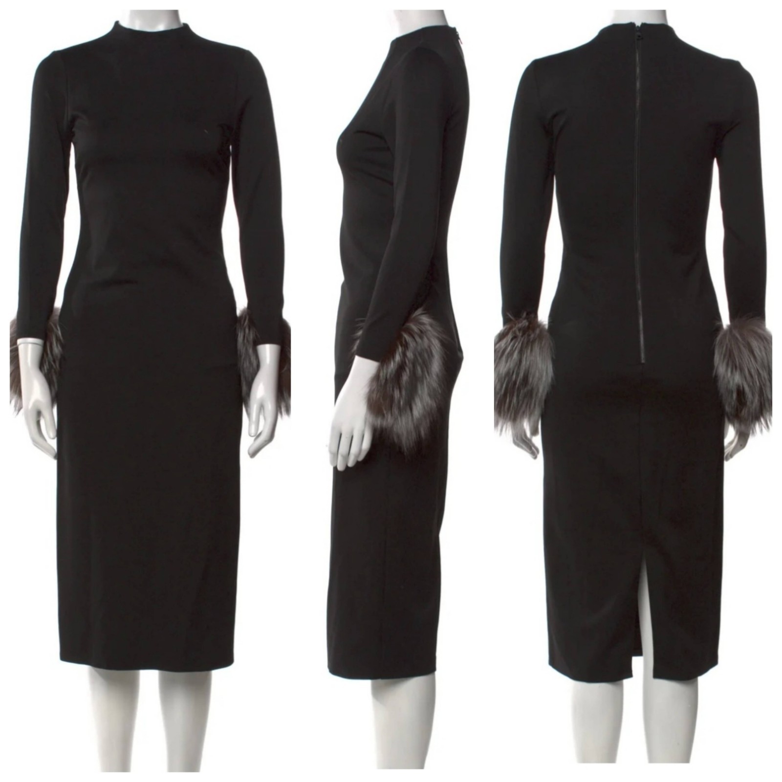 ALICE + OLIVIA Delora Fox Fur-cuff Sleeve Black Midi Dress. Size 4 $550