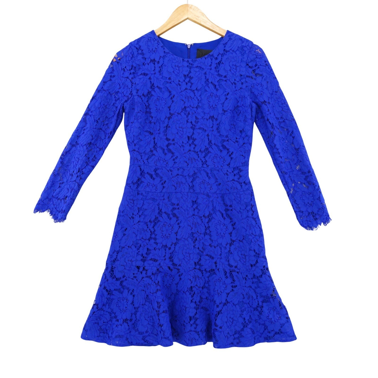 J.Crew Lace Dress Women 4 Blue Long Sleeve Fit and Flare Flounce Hem Floral