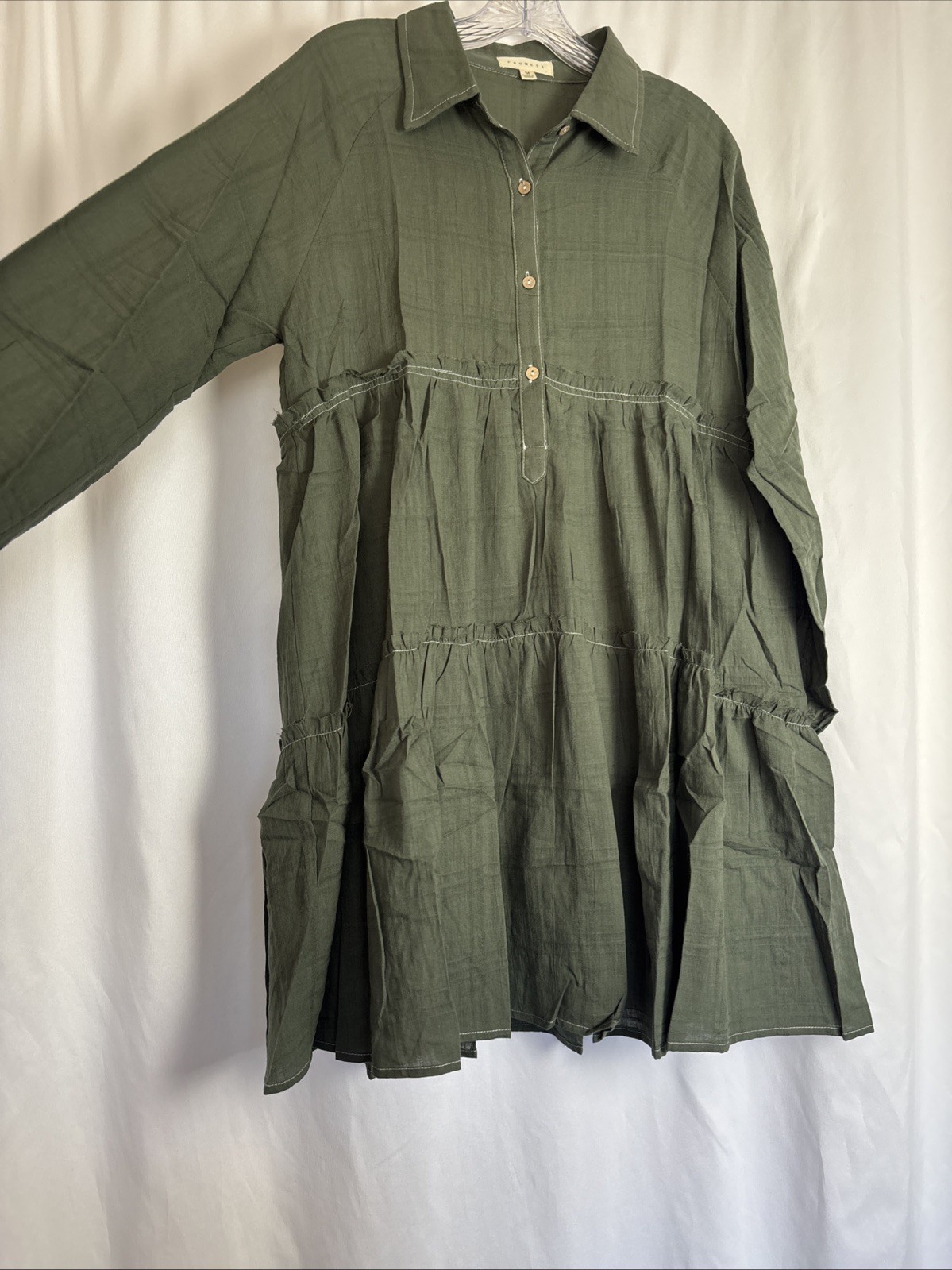 Promesa Olive Green Tiered Babydoll Mini Dress Long Sleeve Contrast Stitch M