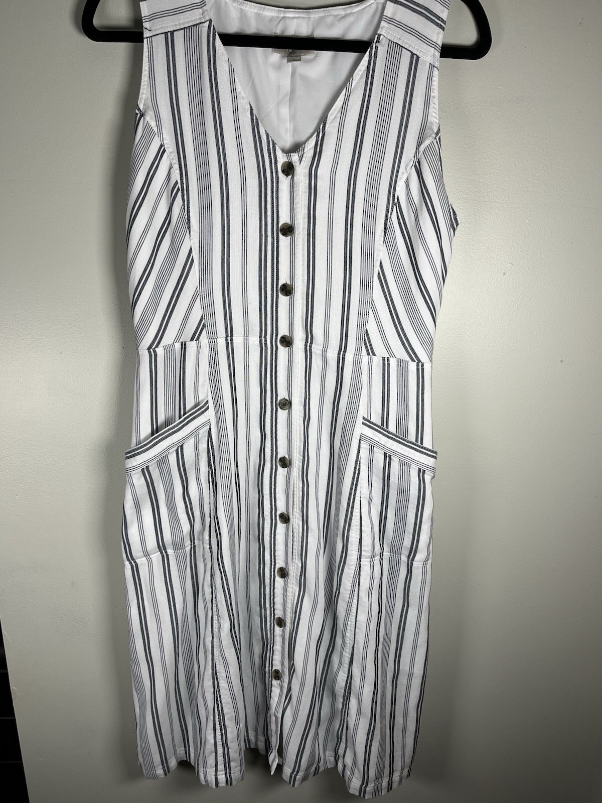 LOFT Outlet Striped Sleeveless V-Neck Button Front A-Line Dress Pockets 10