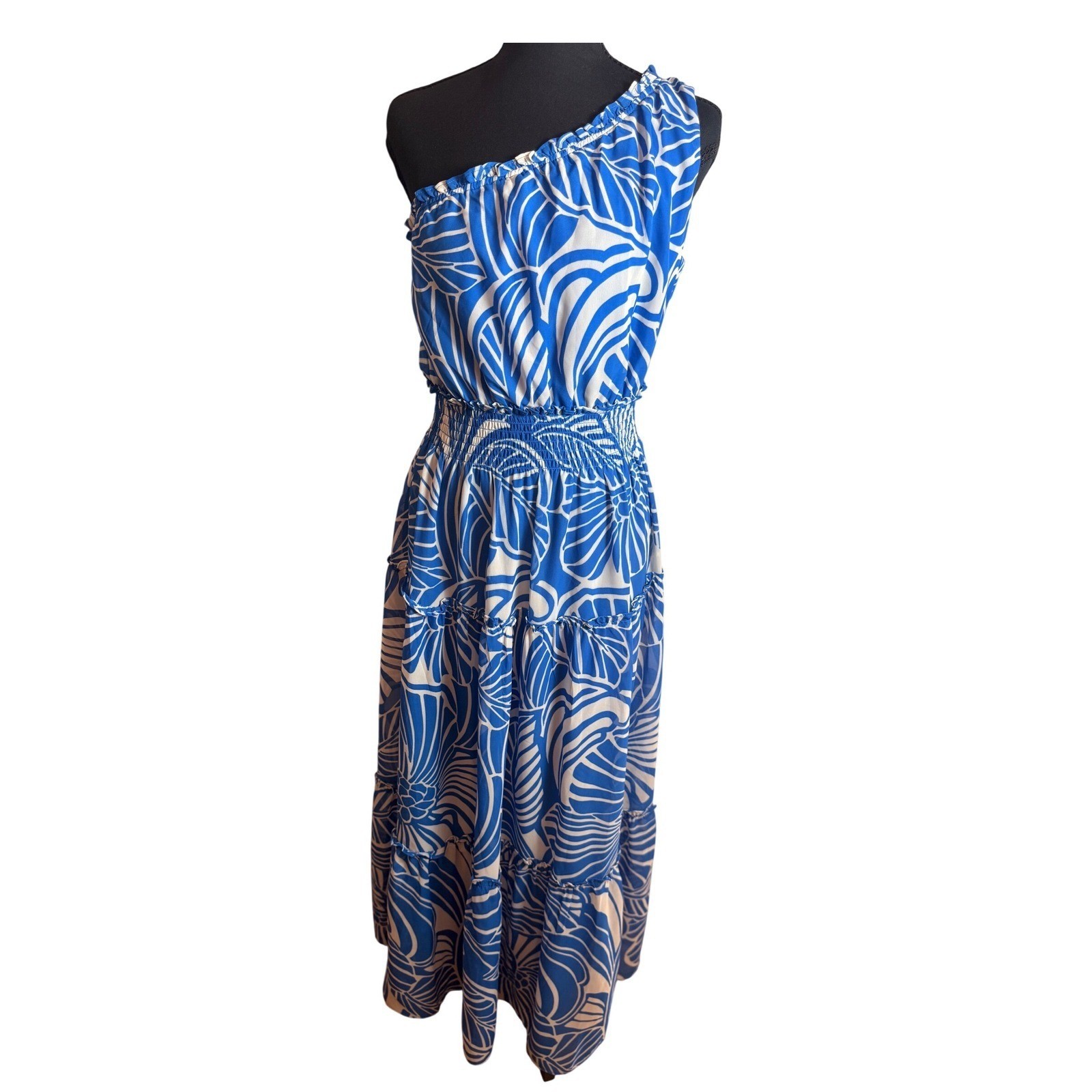 Taylor One Shoulder Maxi Dress Womens 6 Blue White Tropical Smocked Tiered NEW