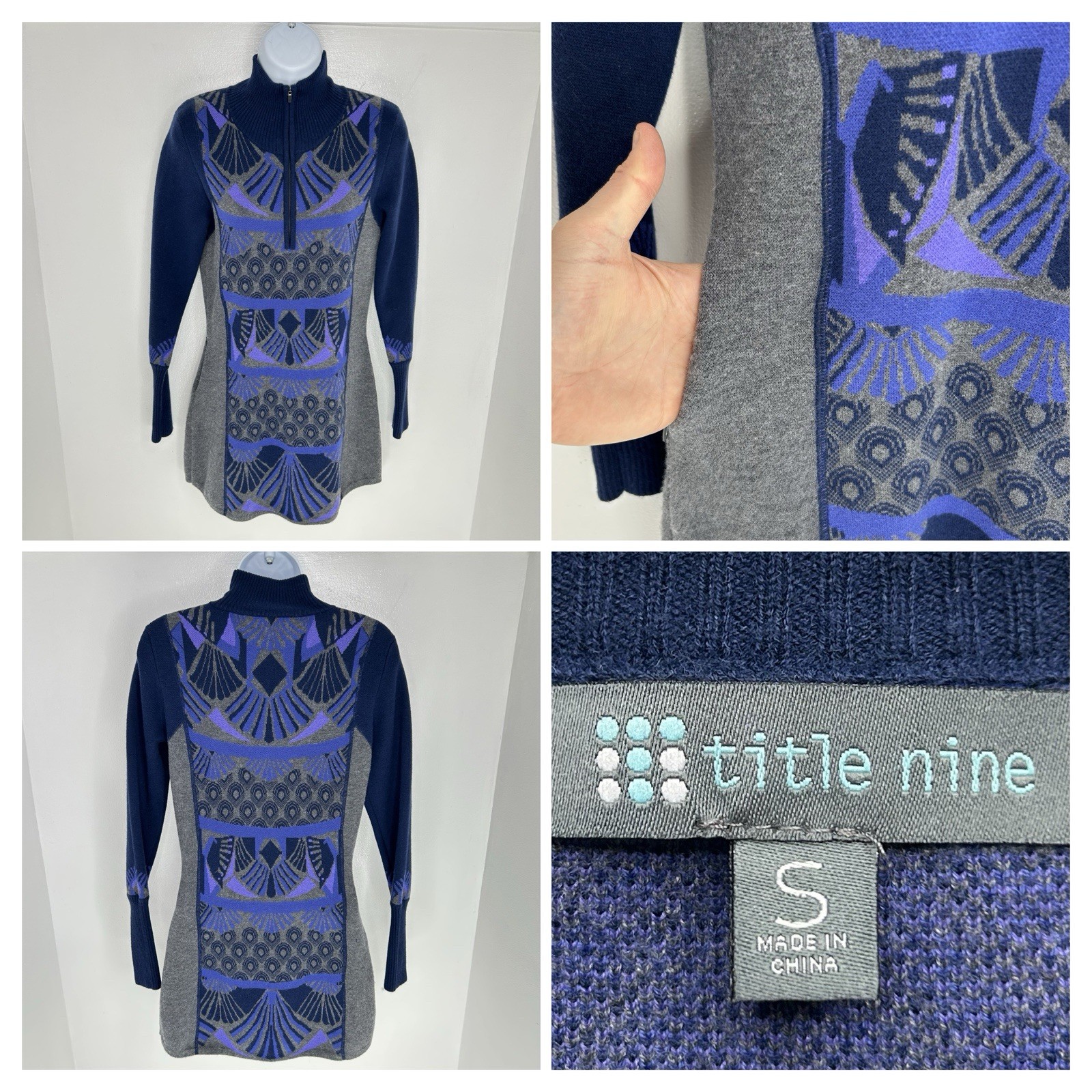 Title Nine Sweater Dress Size Small Gray Zip Nordic Merino Wool Fair Isle