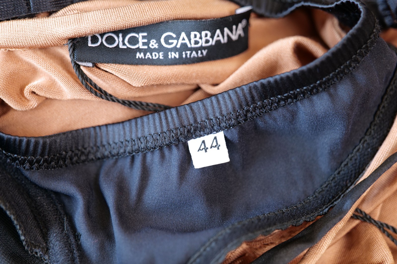 NWOT Dolce & Gabbana Tan Ruched Jersey Black Bra Asymmetrical Dress (IT44, US8)