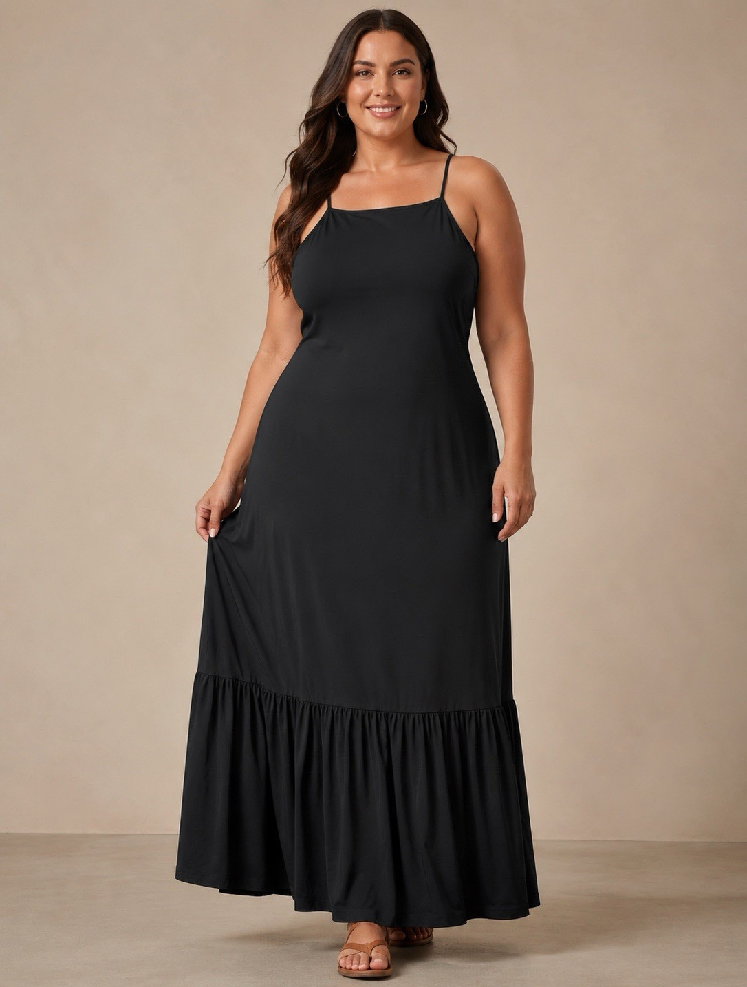 A New Day Women’s L Black Solid Square Neck Spaghetti Strap Maxi Dress Tie