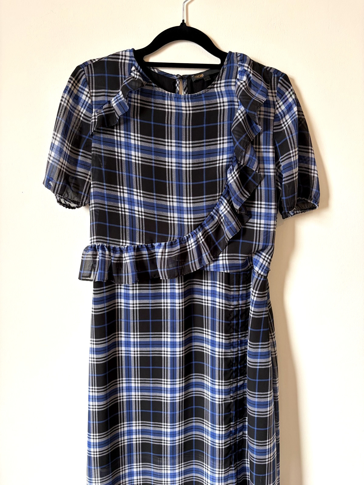 Maje Side-Ruched Plaid Tartan Blue and Navy Long Dress Ruffle UK size 10