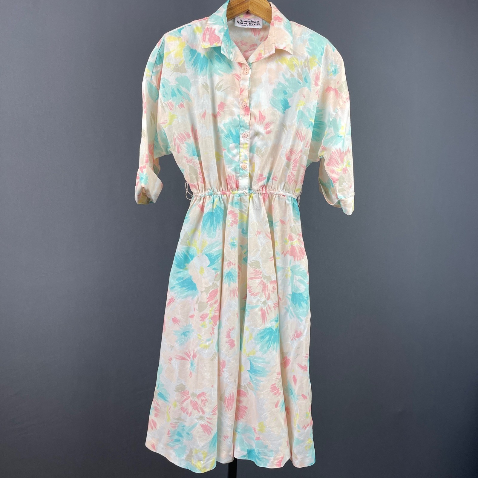 The American Shirt Dress Womens Vintage Floral Midi Pastel Watercolor 80s M