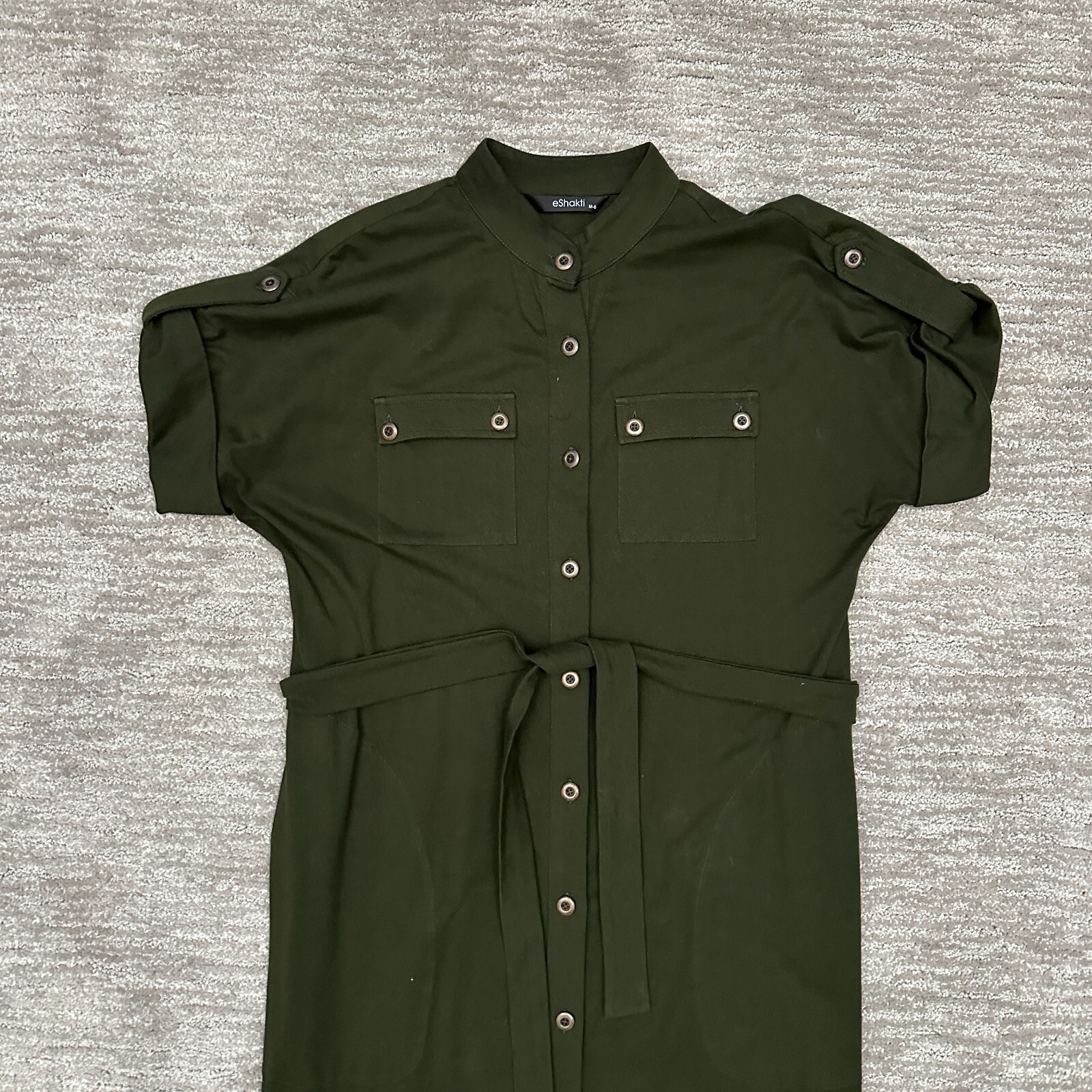 eShakti Dress Womens Medium Green Belted Button Front Pockets Utility Shirt