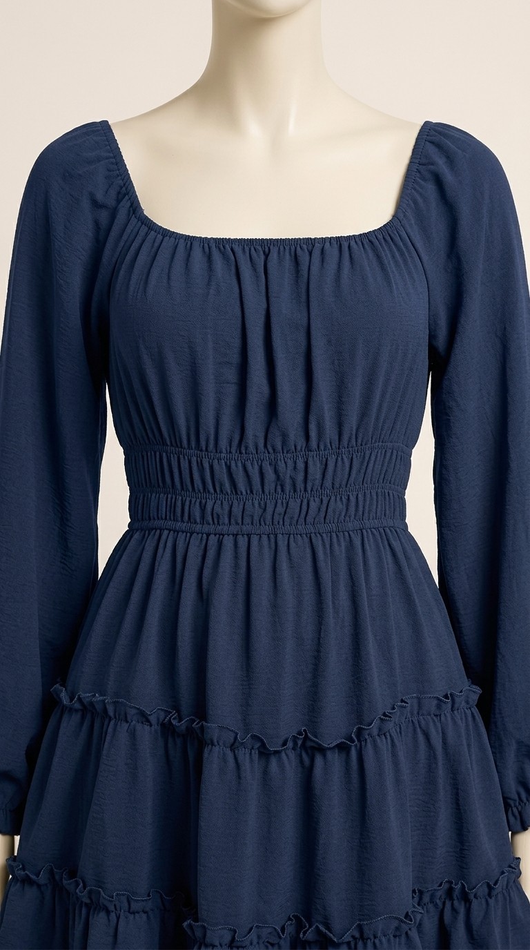 Chicovar Women’s Navy Blue Square Neck Boho Mini Dress Long Sleeve Size L