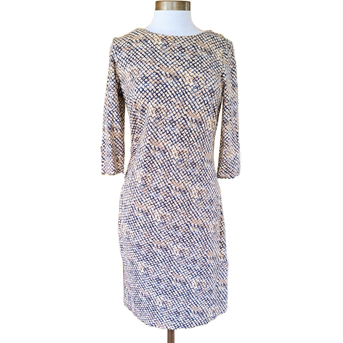 J McLaughlin Bainbridge Sheath Dress Tan Blue 3/4 Sleeve Medium