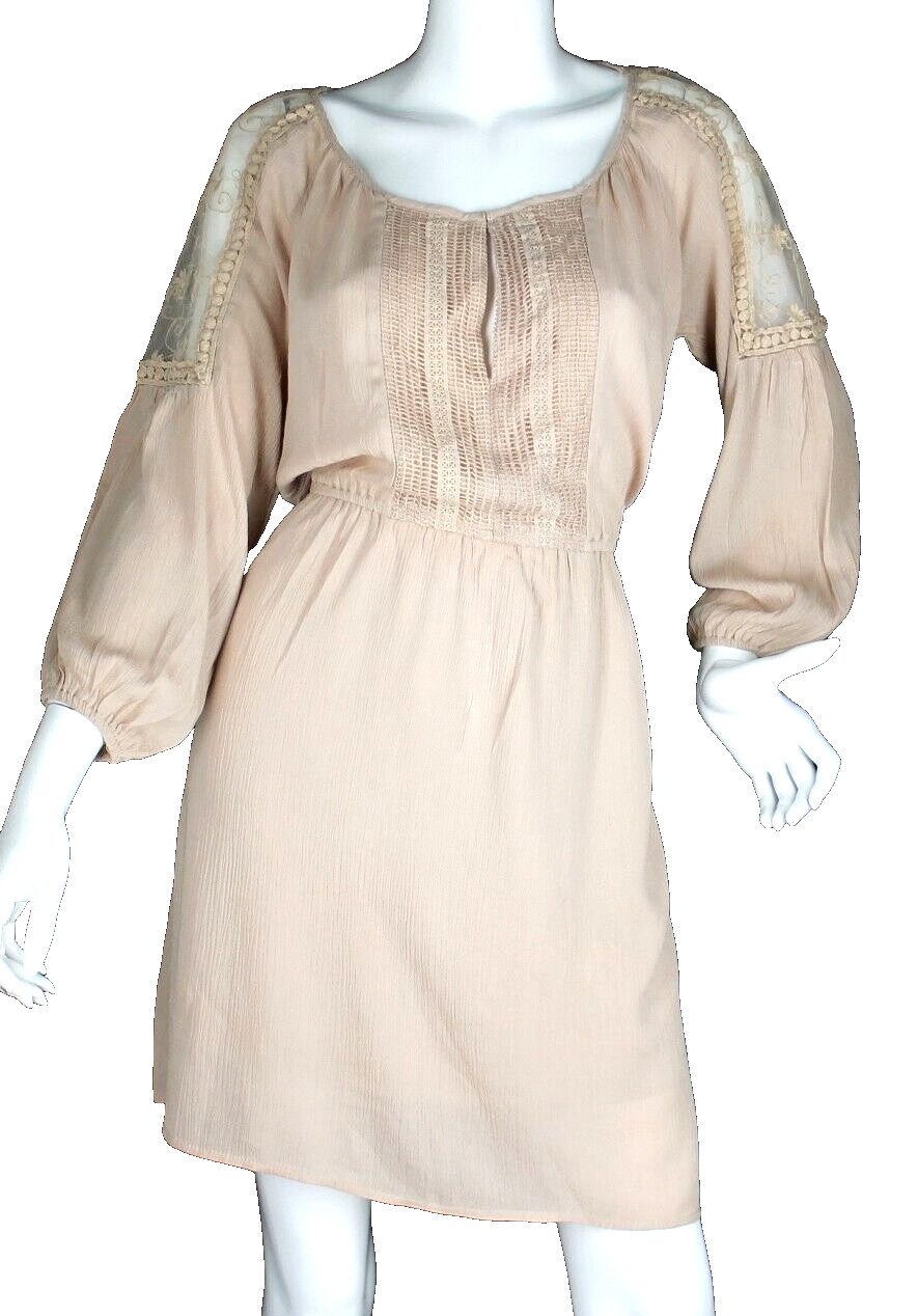 {Purple Snow} Dress Sz. L Lt Pink Embroidered Sheer Accents 1/2 Sleeve Lined