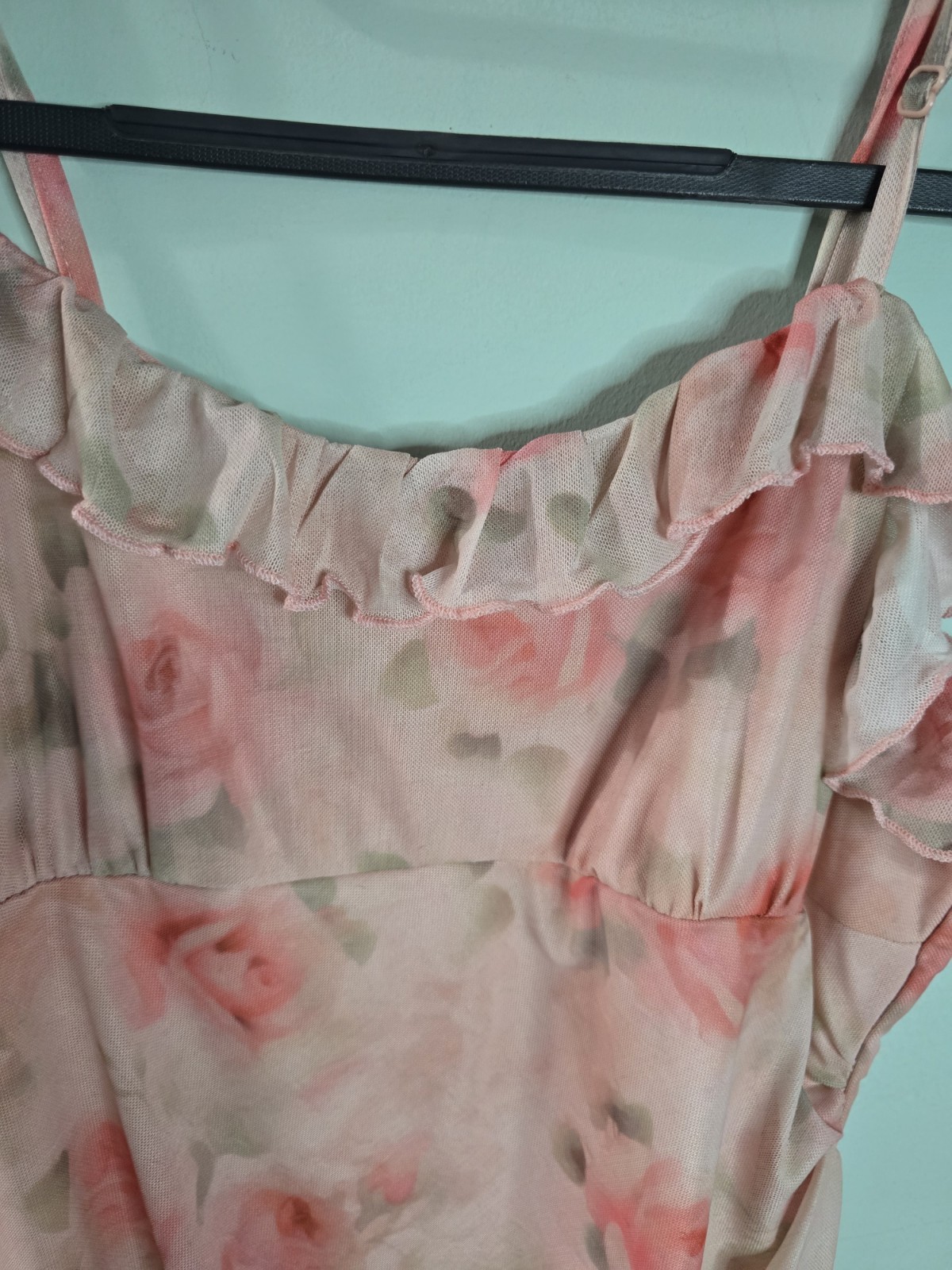 SHEIN Women’s Pink Floral Ruffle Bottom front Slip Midi Dress Size Large NWOT