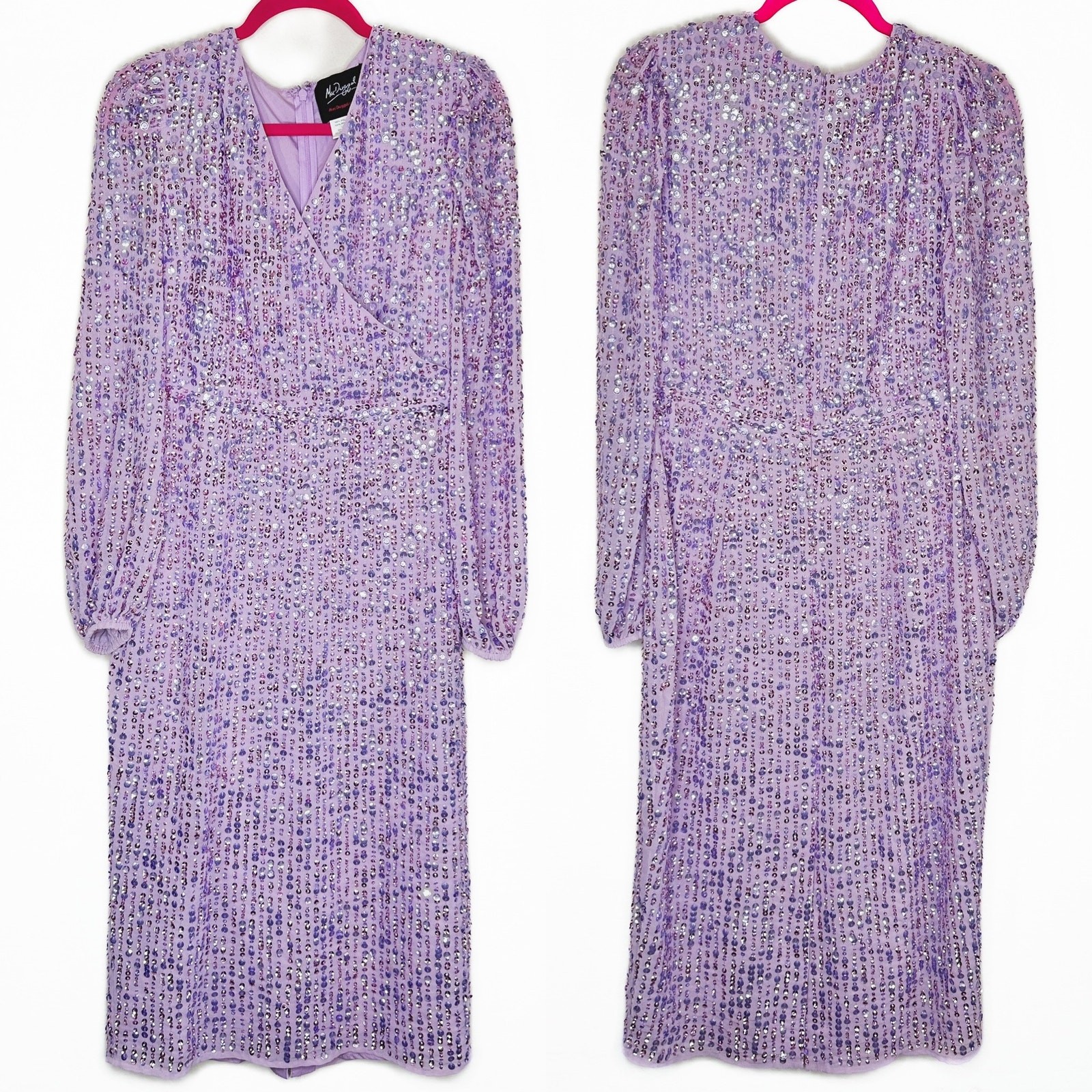 Mac Duggal Sequin Illusion Long Puff Sleeve 107641 Evening Tea Length Midi Dress