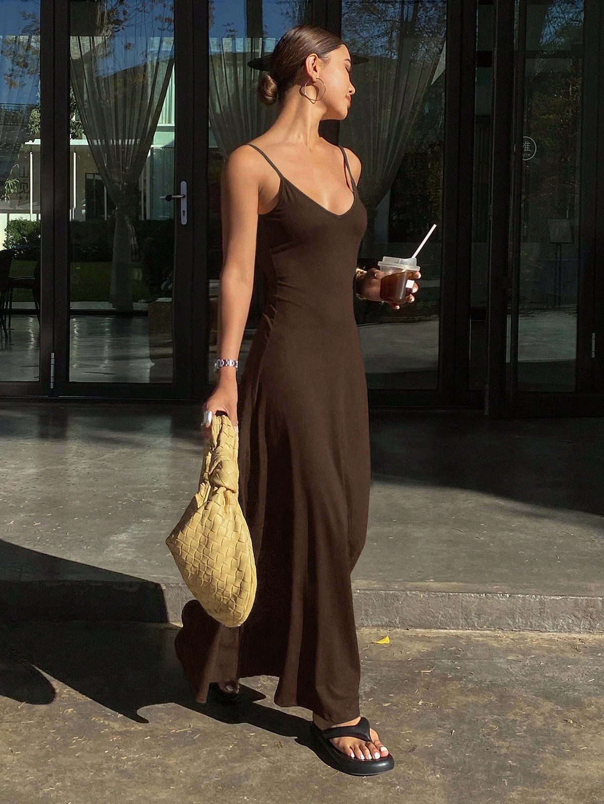 Sleeveless V Neck A Line Maxi Dress in Coffee Brown
