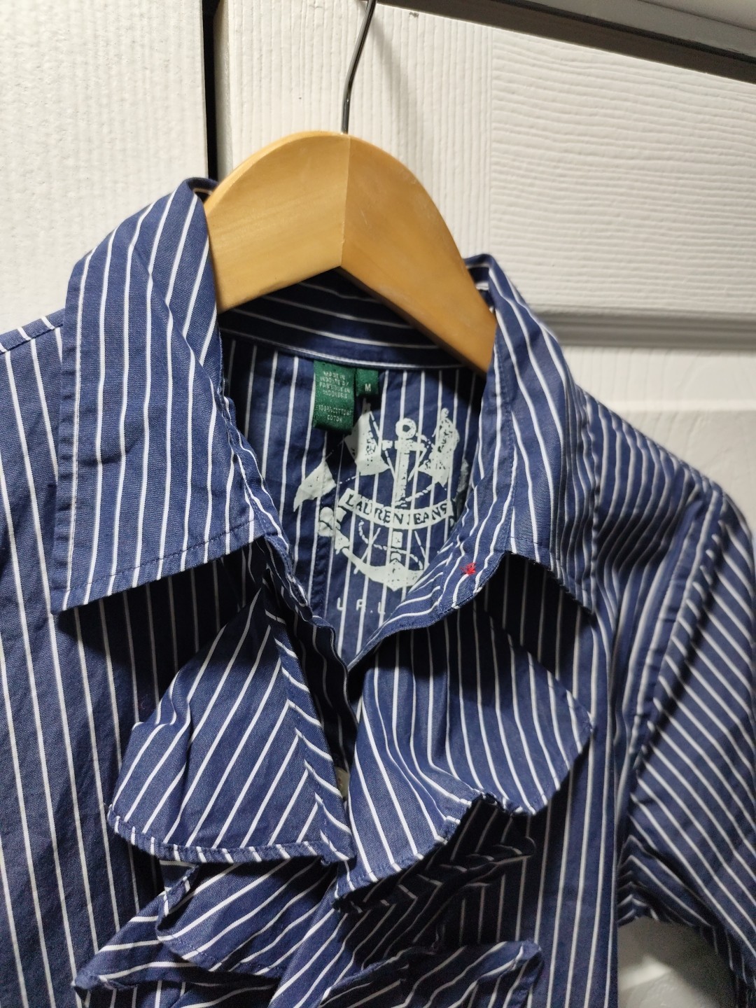 lauren jeans company Blue/White Striped Ruffle 3/4 Sleeve Shirt Dress/Tunic M