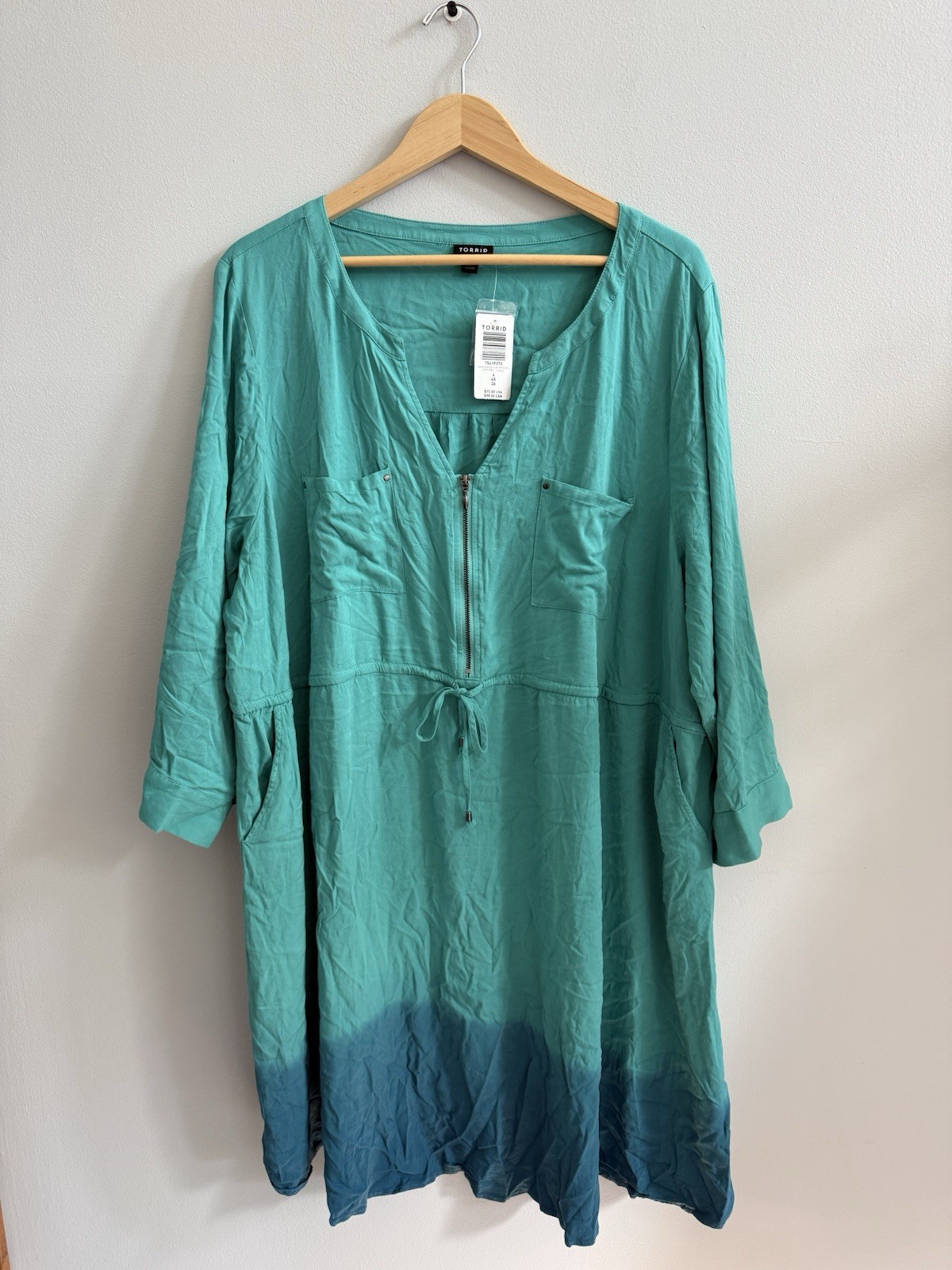 NEW Torrid Dip Dye Zip Front Midi Shirt Dress In Teal & Blue Plus Sz 4X Pockets