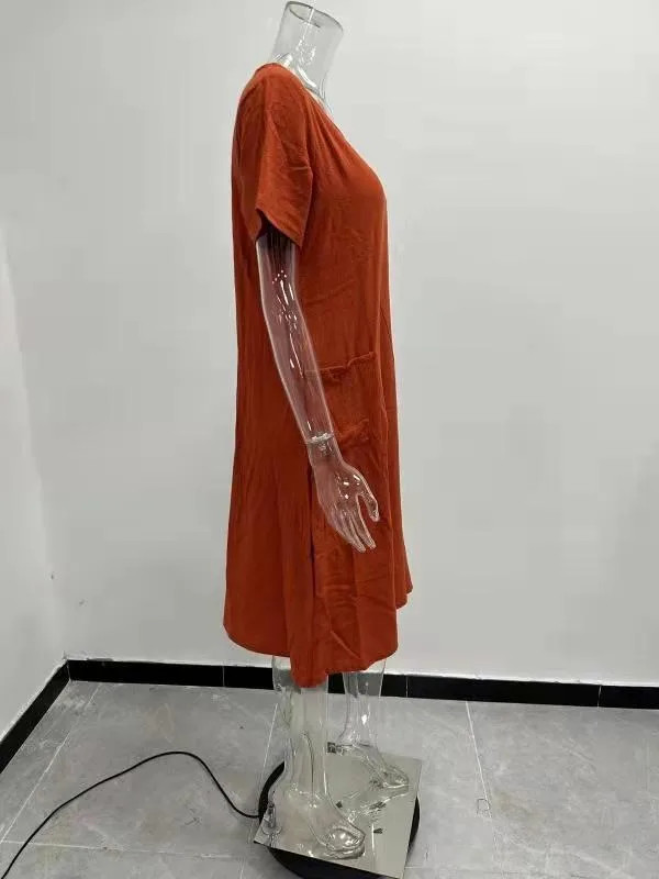 Women Round Neck Short Sleeve Double Pocket Loose Cotton Linen Knee Length Dress