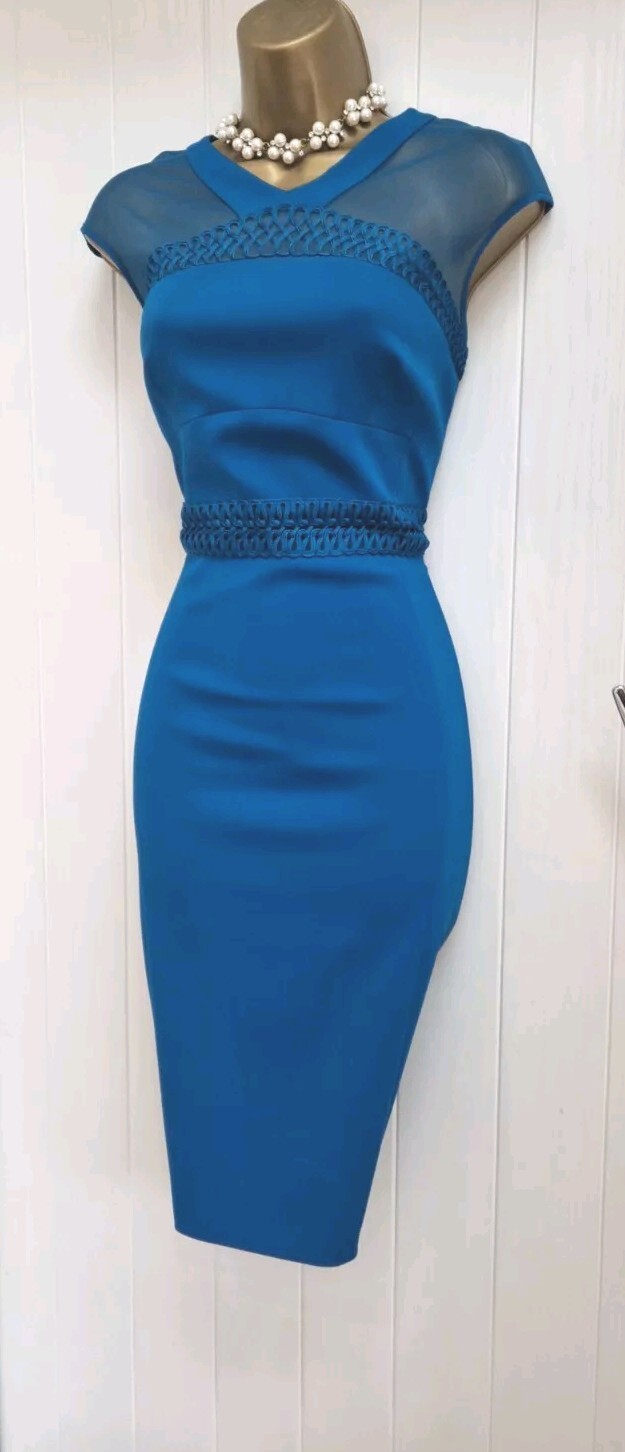 Karen Millen Peacock Blue Sheer Tapework Pencil Wiggle Occasion Dress UK 12