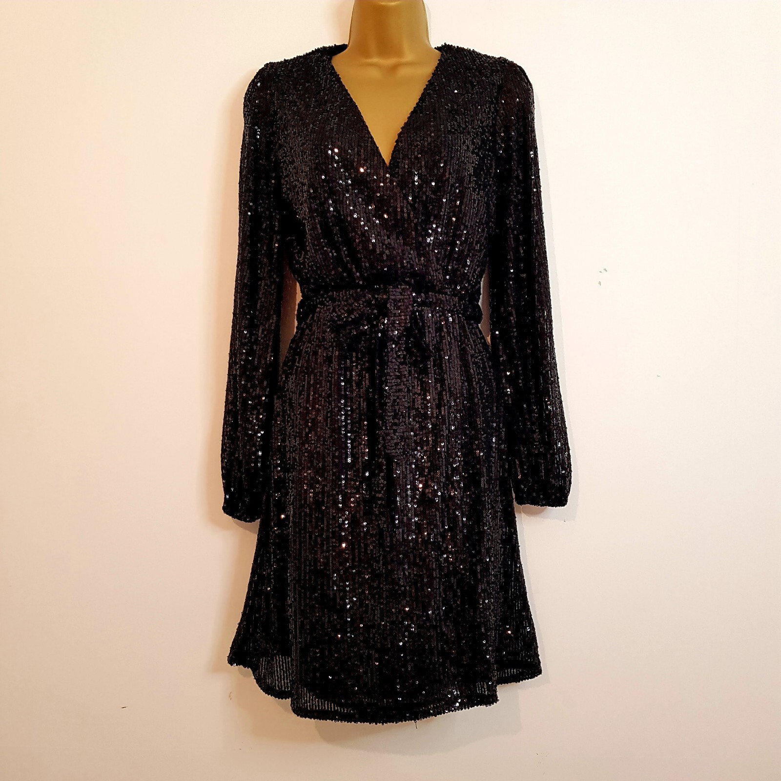 NEW- NEW LOOK Size 8 10 Black Sequin Wrap Over Belted Lined Party Evening Dress