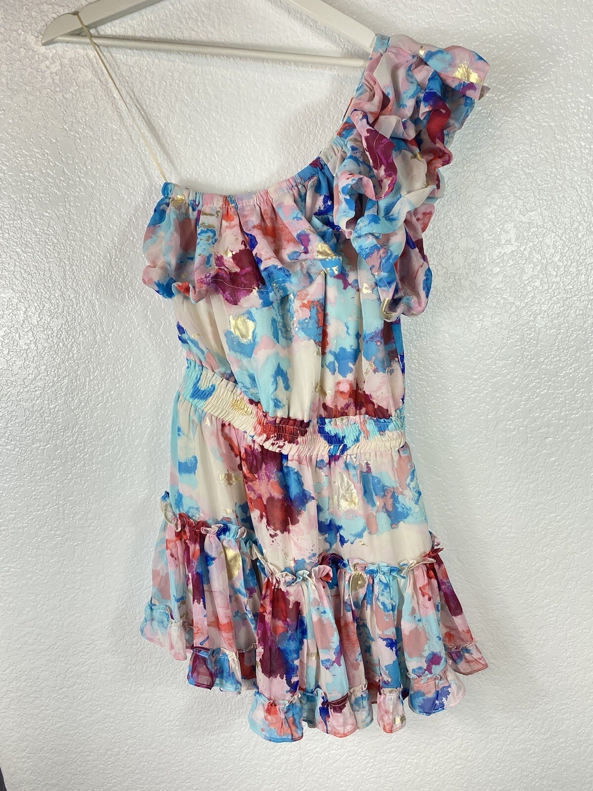 Buddy Love Sofia One Shoulder Water Colo Mini Dress Size Small Ruffle Smocked