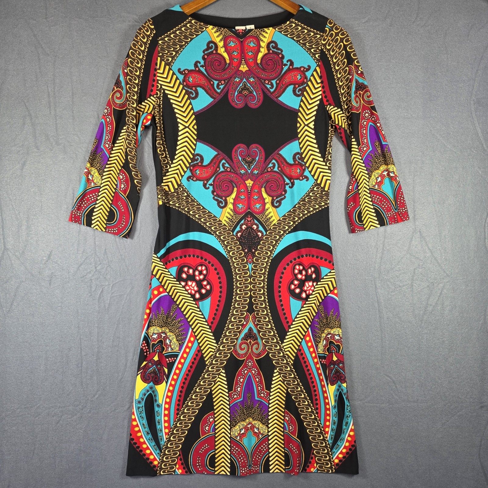 Womens Sheath Dress Bold Geometric Print 3/4 Sleeve Bodycon Midi Stretch Colorfu